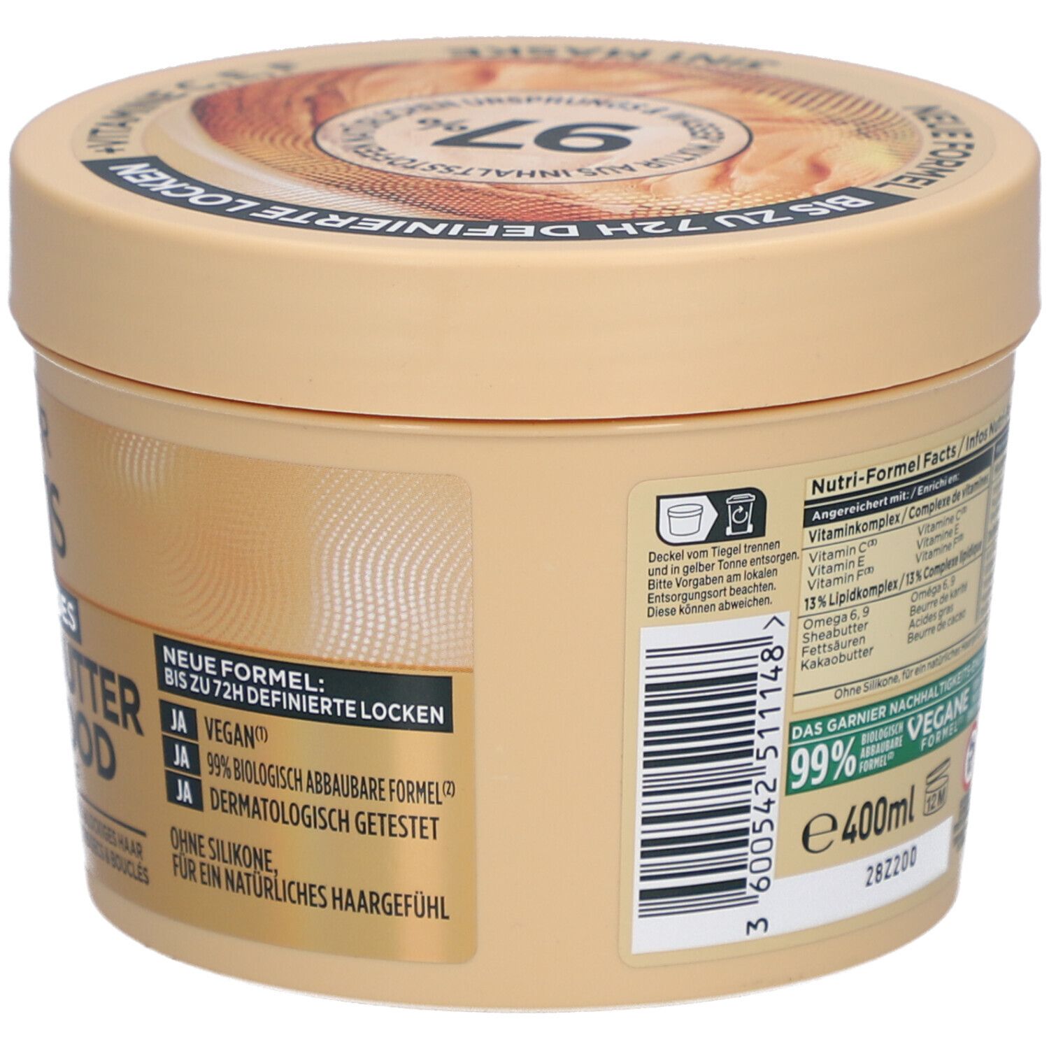 Pot beige Garnier Fructis Hair Food. Inscription: Beurre de cacao, Hair Food, masque 3 en 1. Vegan. 400ml. 99% d'ingrédients naturels.