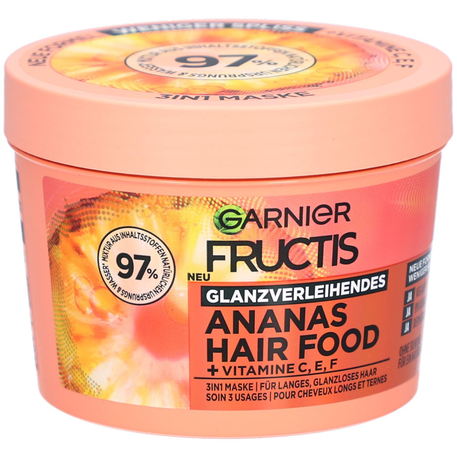 Runde Dose mit Garnier Fructis Hair Food Ananas. Aufschrift: Glanzverleihendes, 3in1 Maske, + Vitamine C, E, F.