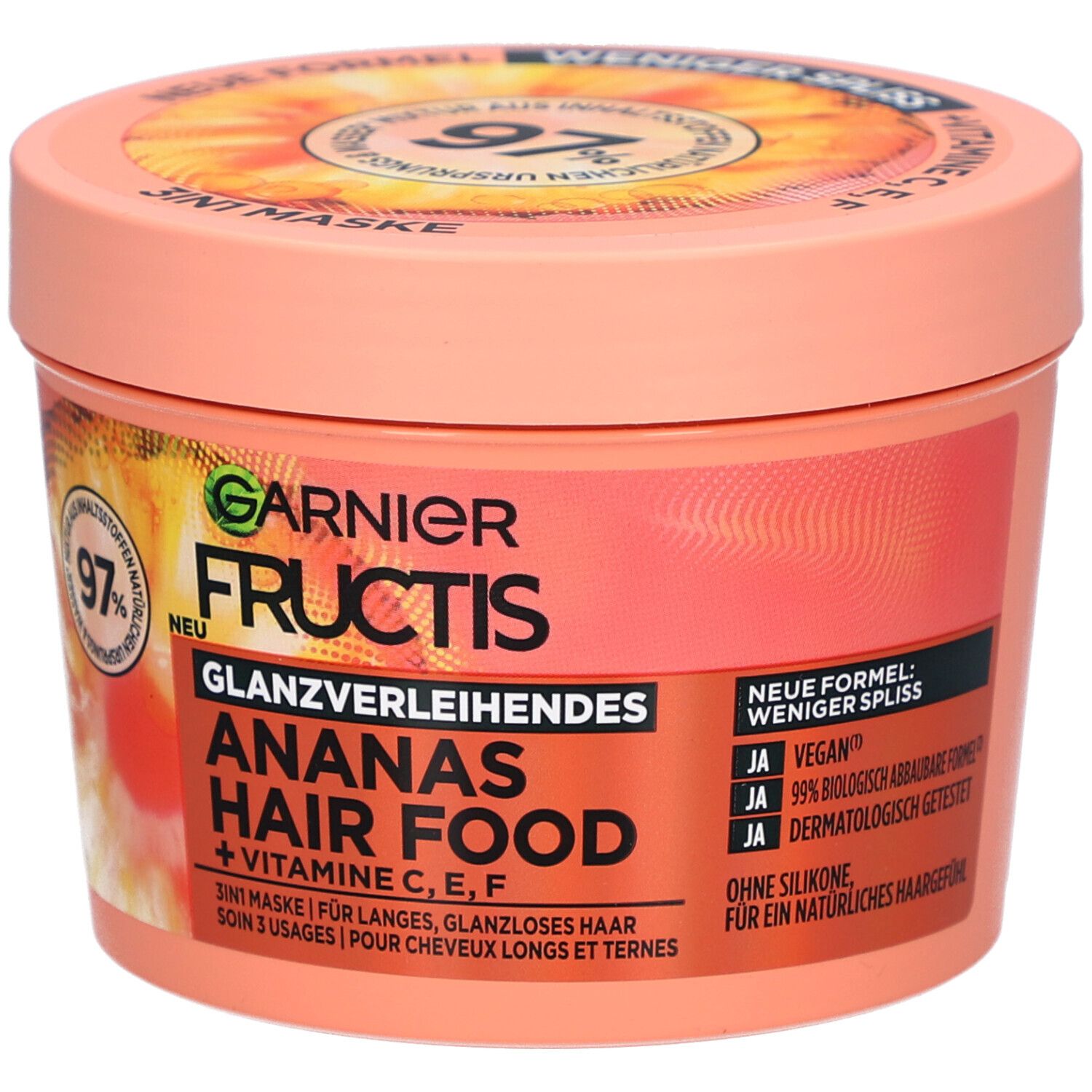 Runde Dose mit Garnier Fructis Hair Food Ananas. Aufschrift: Glanzverleihendes, 3in1 Maske, + Vitamine C, E, F.