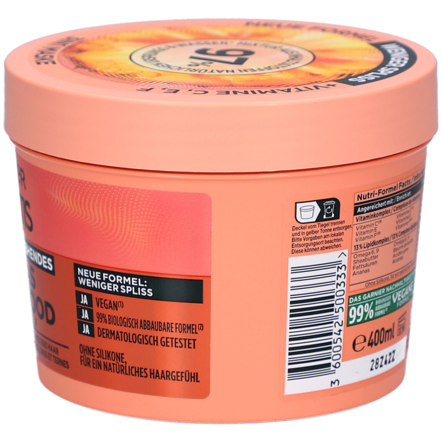 Runde Dose, Rückseite, mit Text. Garnier Fructis Hair Food Ananas. Aufschrift: Neue Formel, weniger Spliss, 400ml.