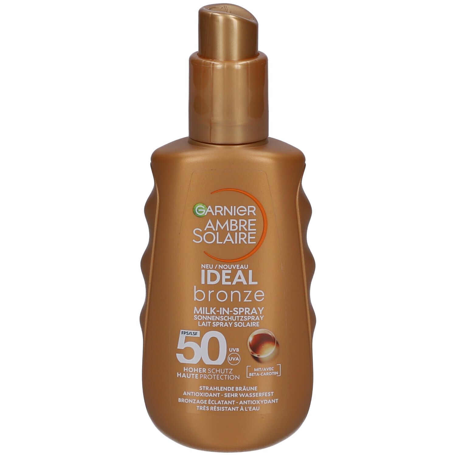 Bräunungsspray mit SPF50. Flasche mit Sprühkopf. Text: Garnier Ambre Solaire, Ideal Bronze, Milch-in-Spray.