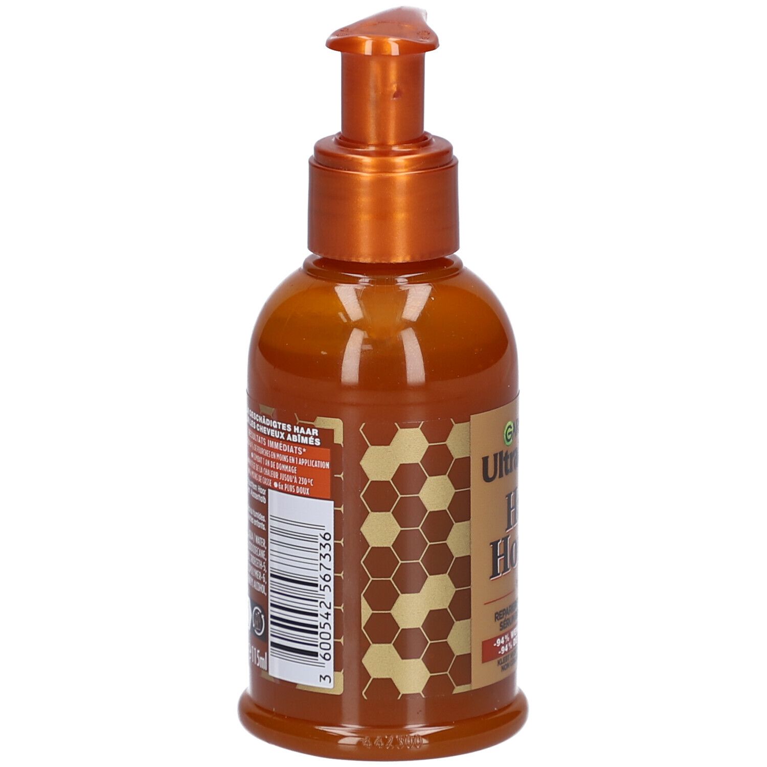 Braune Flasche mit Pumpe. Rückseite mit Text und Barcode. Honig-Design.