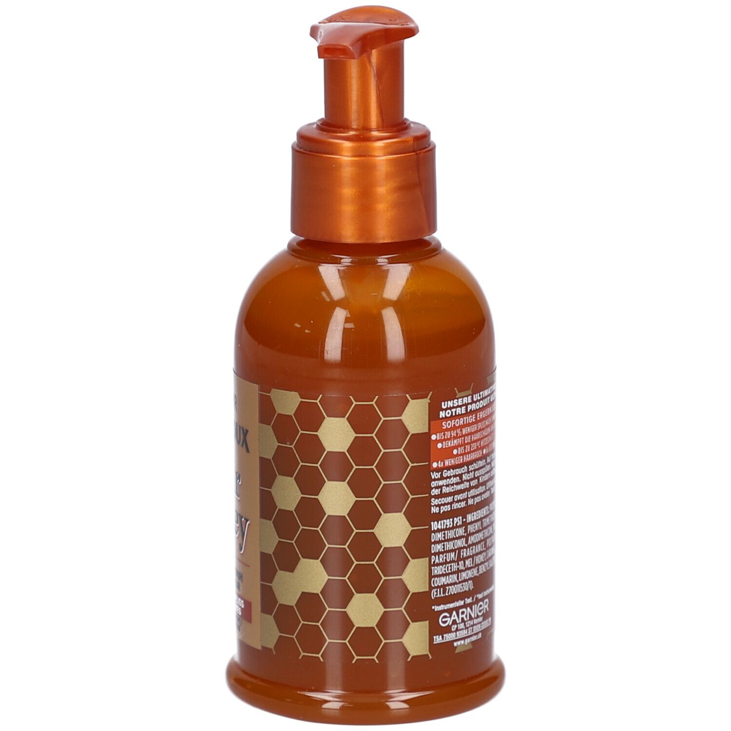 Braune Flasche mit Pumpe. Rückseite mit Text. Honig-Design. Inhaltsstoffe und Anwendungshinweise.