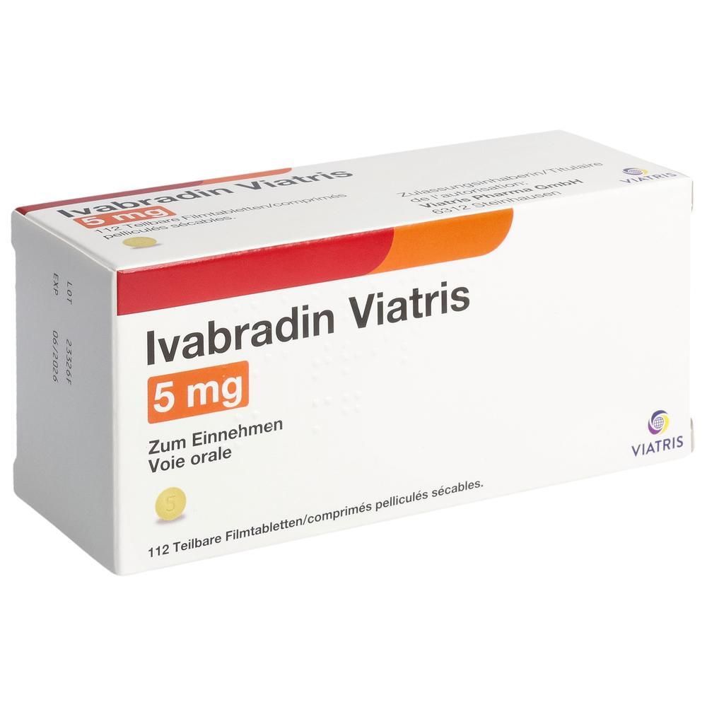 Weiße Schachtel mit rotem und orangefarbenem Streifen. Aufschrift: Ivabradin Viatris 5 mg. 112 Filmtabletten. Viatris Logo.