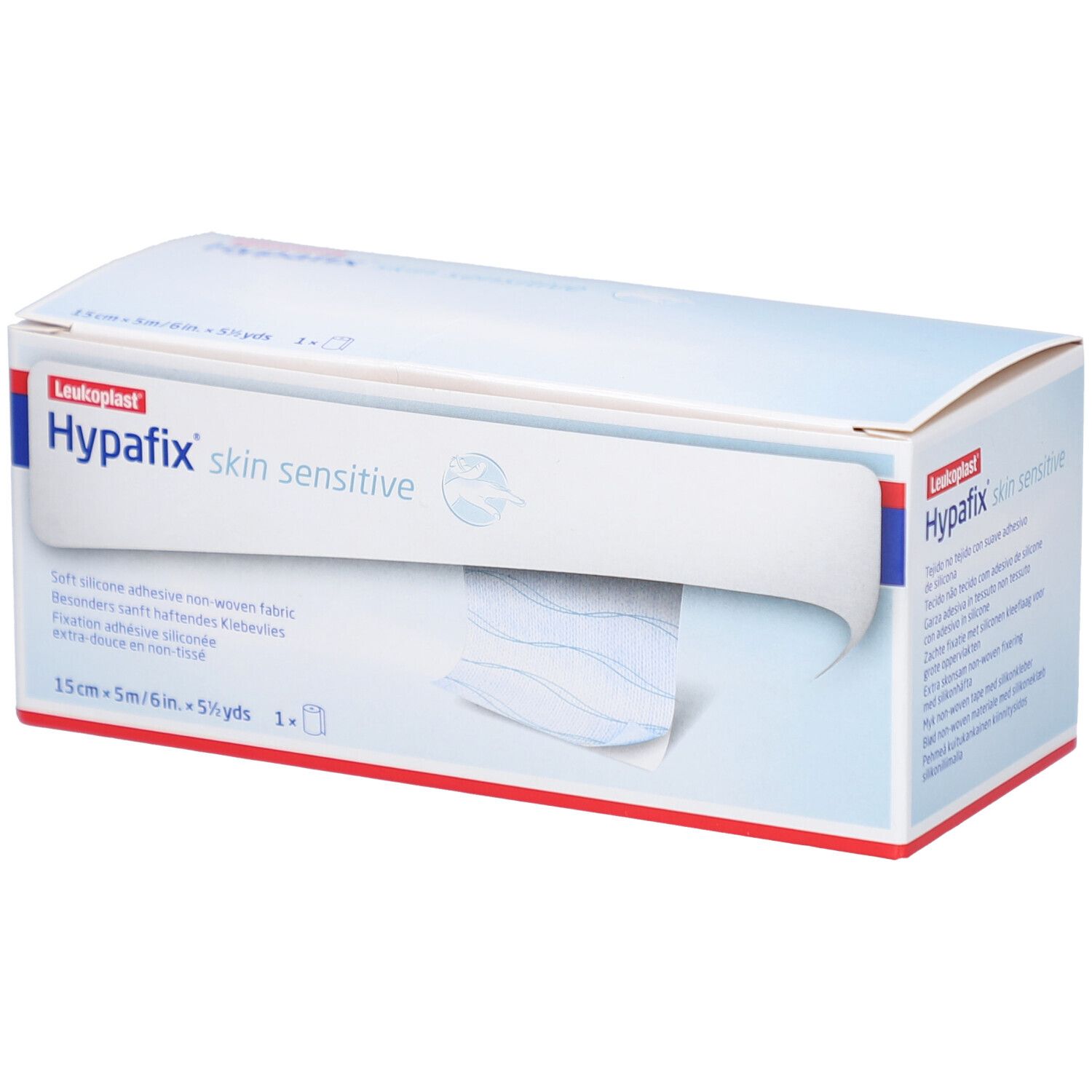 Verpackung von Leukoplast Hypafix skin sensitive. Rolle sichtbar. 15cm x 5m. Weiches, selbstklebendes Vlies.