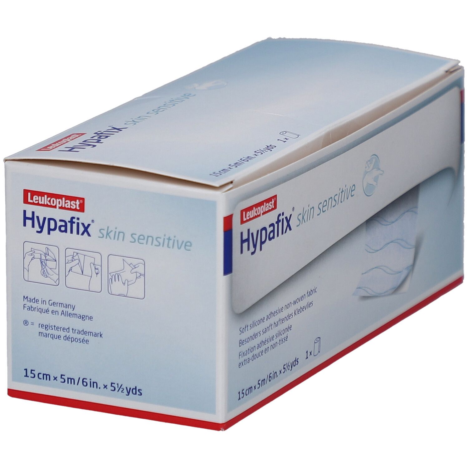 Verpackung von Leukoplast Hypafix skin sensitive. 15cm x 5m. Weiches, selbstklebendes Vlies. Made in Germany.