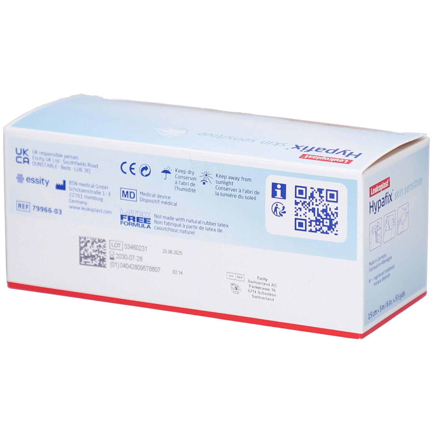 Rückseite der Verpackung von Leukoplast Hypafix skin sensitive. Medizinprodukt. QR-Code. Informationen.