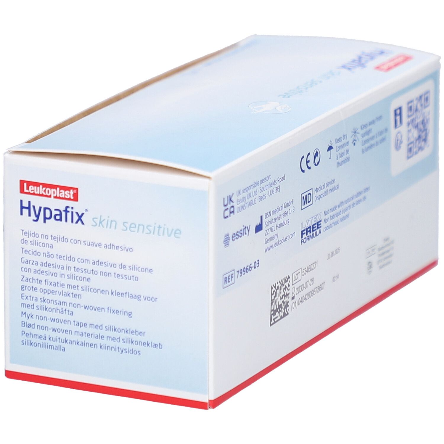 Verpackung von Leukoplast Hypafix skin sensitive. Informationen und Texte in verschiedenen Sprachen. Medizinprodukt.