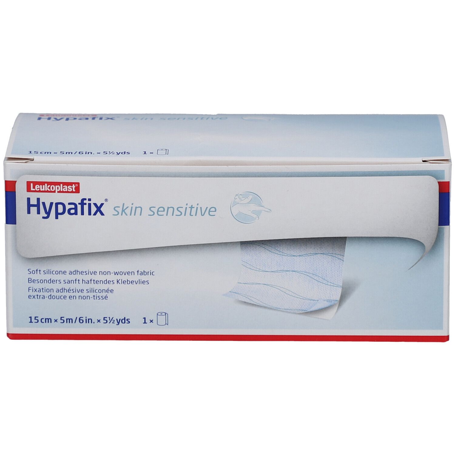 Verpackung von Leukoplast Hypafix skin sensitive. Rolle sichtbar. 15cm x 5m. Weiches, selbstklebendes Vlies.