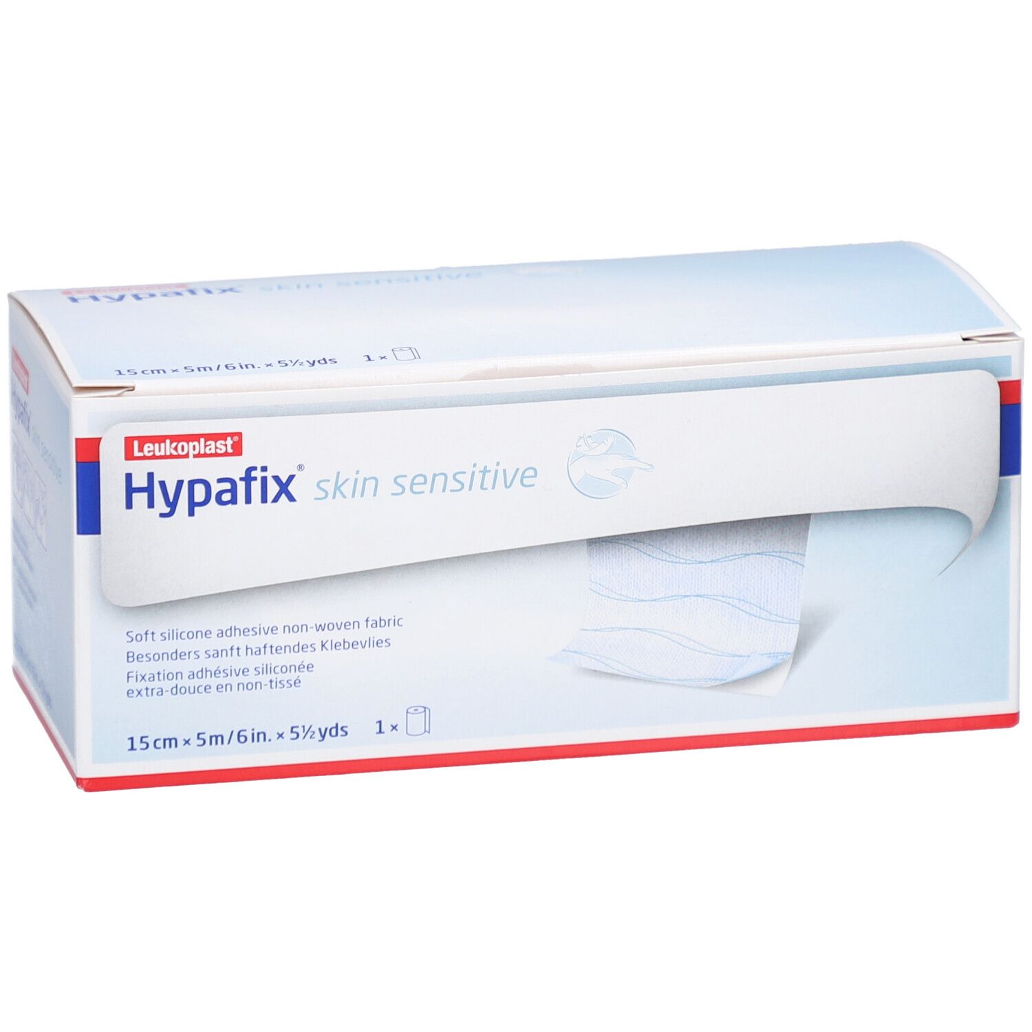 Verpackung von Leukoplast Hypafix skin sensitive. Rolle sichtbar. 15cm x 5m. Weiches, selbstklebendes Vlies.