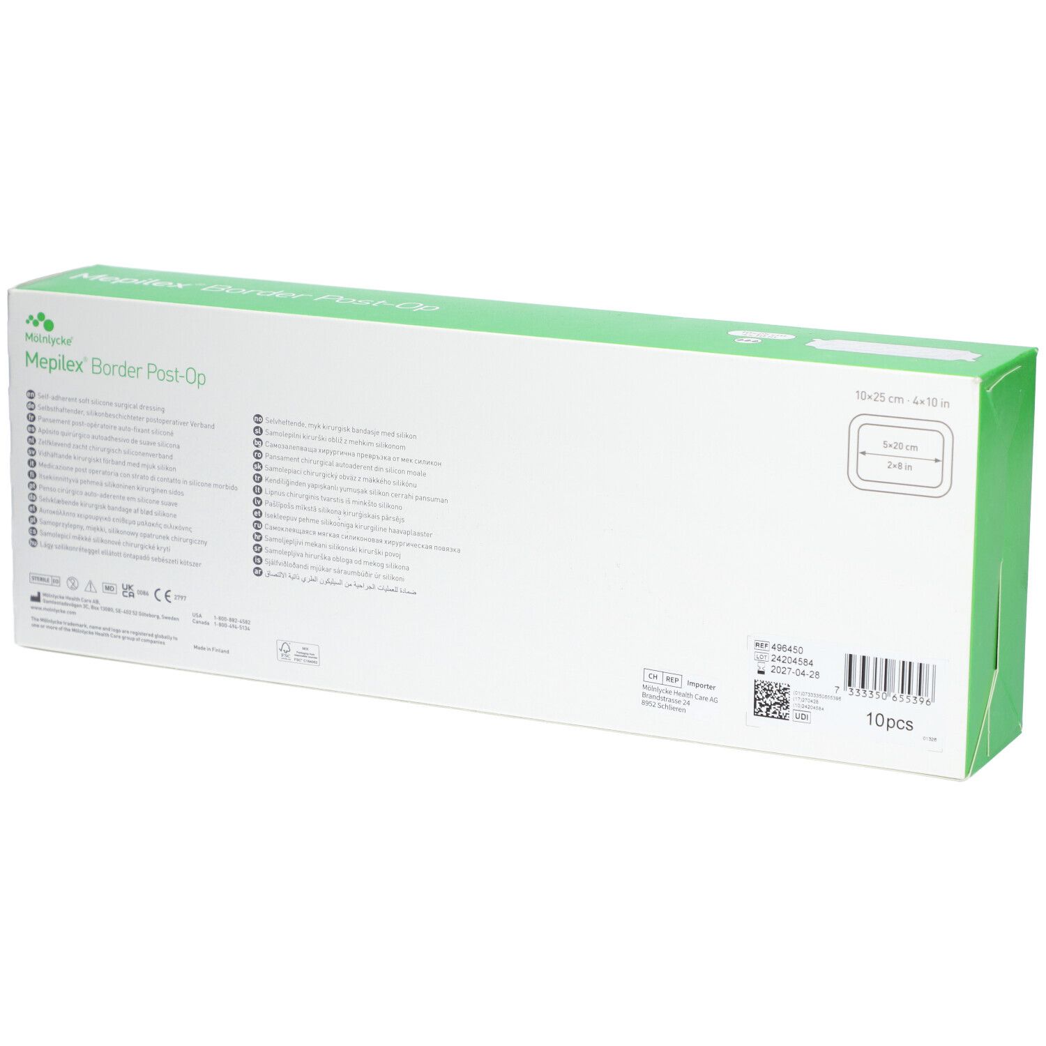 Rückseite der Mepilex® Border Post-Op Verpackung. Textinformationen, QR-Code und Chargennummer. Weiß-grüne Schachtel.