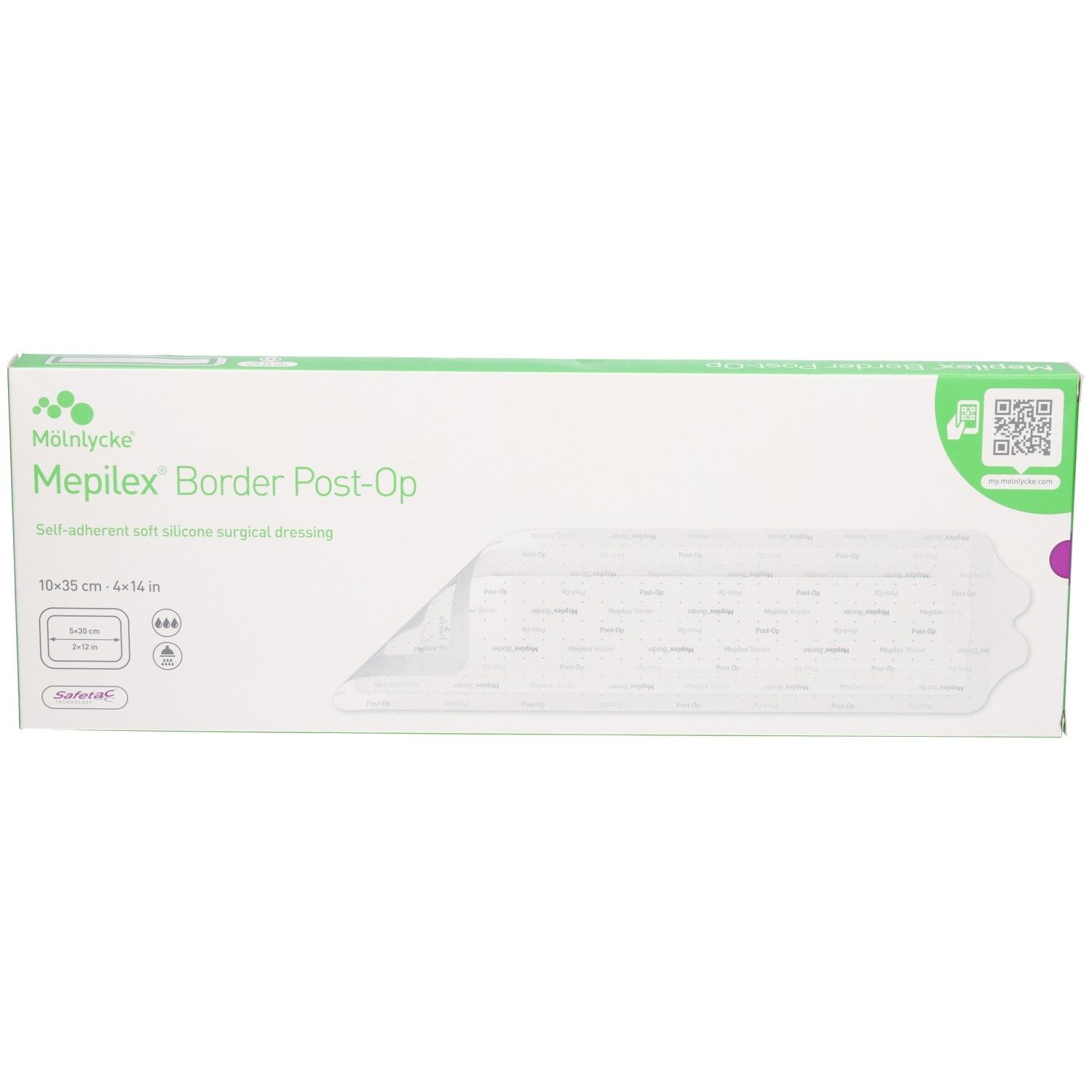 Pansement Mölnlycke Mepilex Border Post-Op, 10x35 cm, auto-adhésif, doux, enduit de silicone.