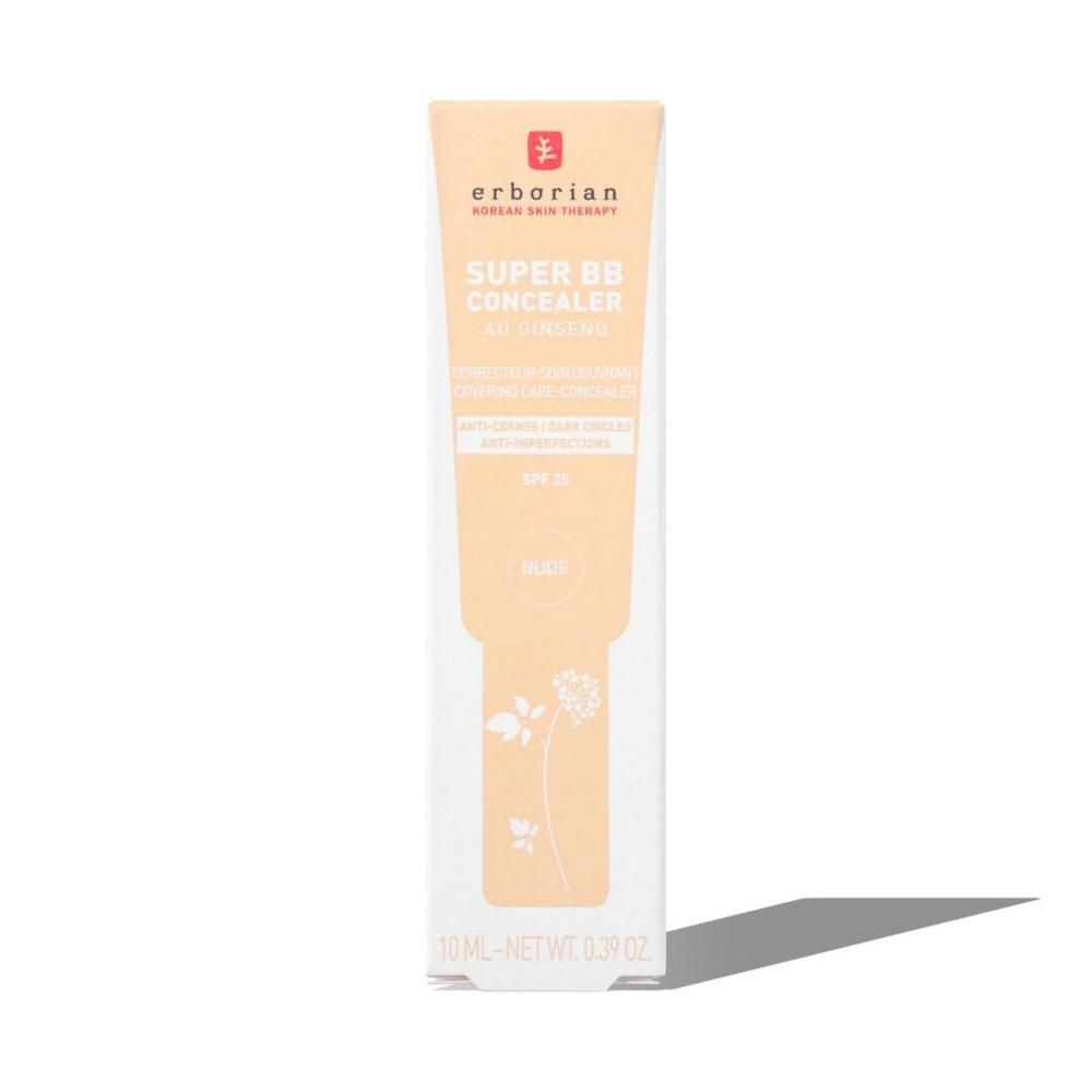 Erborian Super BB Concealer in Verpackung. Tube mit Produkt, helle Farbe. Aufdrucke: Super BB Concealer, SPF 25, 10 ml.