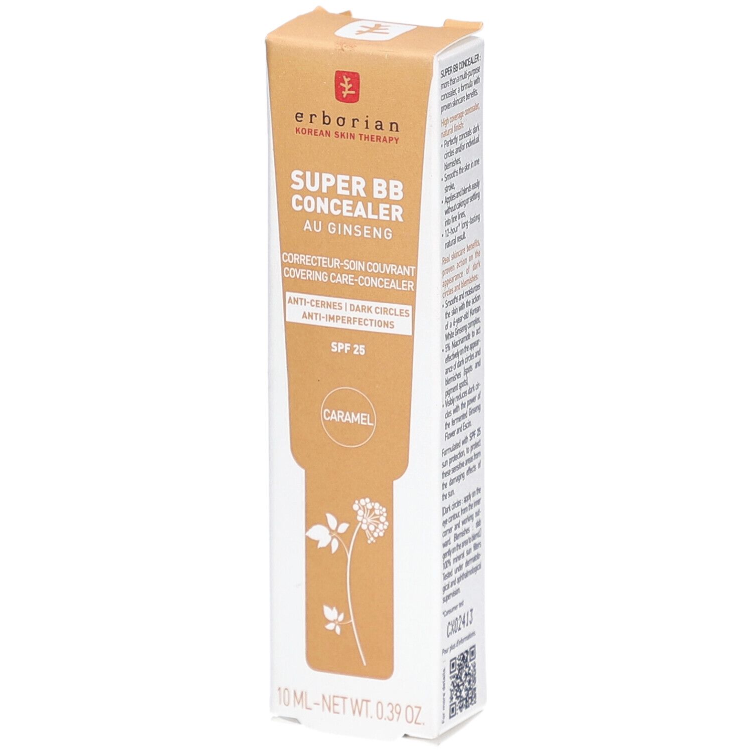 Erborian Super BB Concealer au Ginseng Verpackung. Beige-braune Schachtel mit Produktnamen, SPF 25 und Farbton "Caramel".