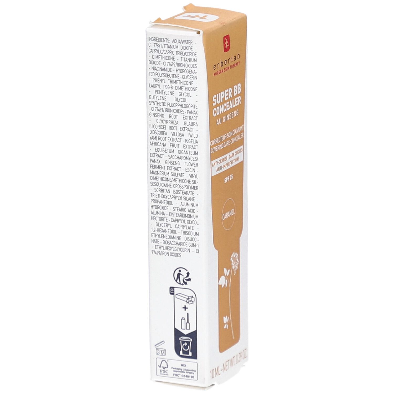 Erborian Super BB Concealer au Ginseng Verpackung. Rückseite mit Inhaltsstoffen und Piktogrammen. Beige-braune Schachtel.
