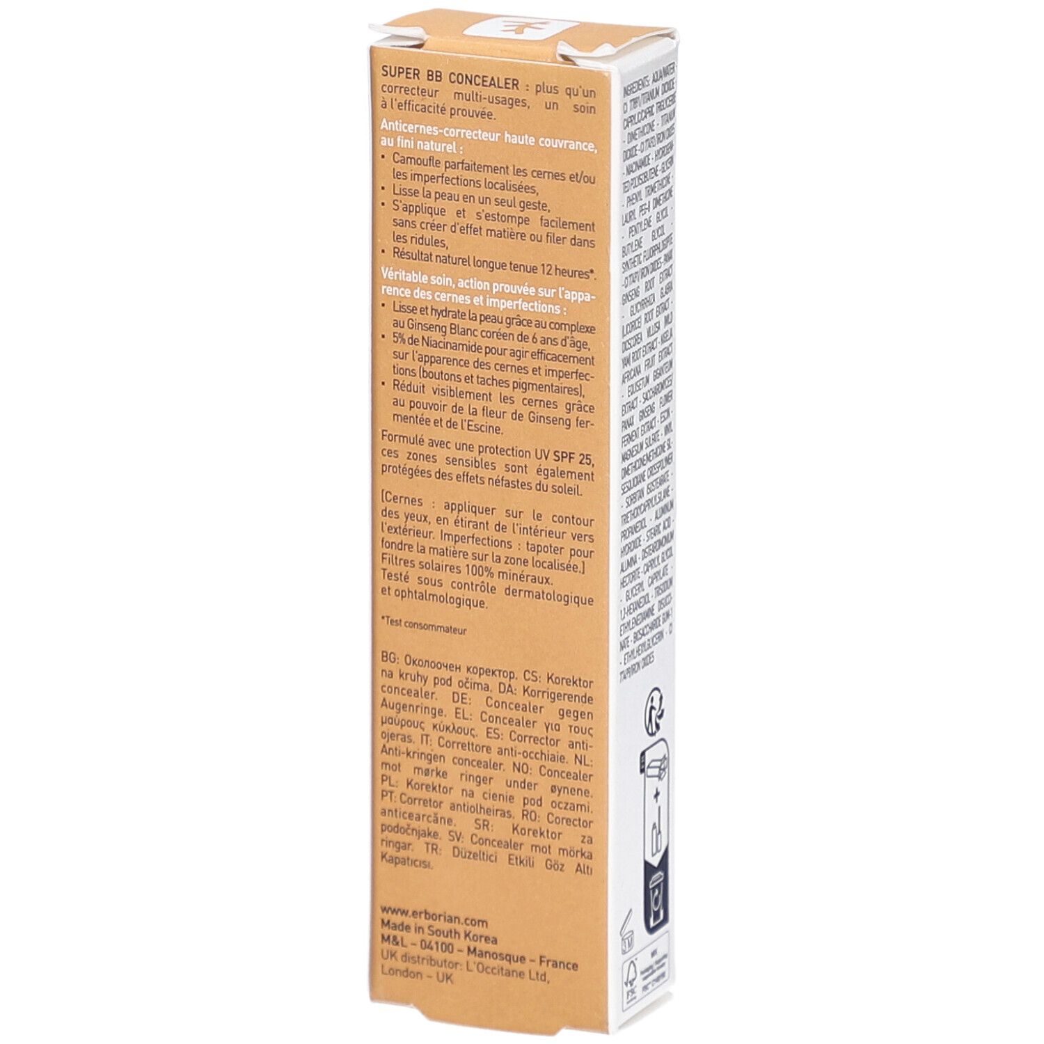 Erborian Super BB Concealer au Ginseng Verpackung. Text auf Französisch. Beige-braune Schachtel mit Produktinformationen.