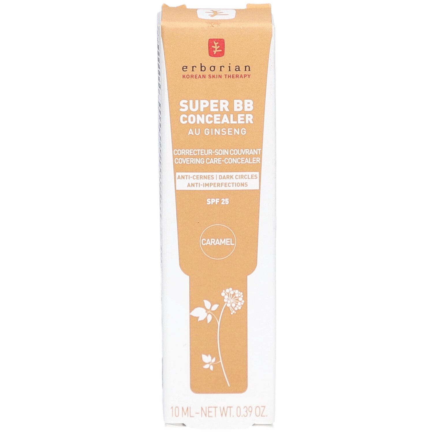 Erborian Super BB Concealer au Ginseng Verpackung. Vorderseite mit Produktnamen, SPF 25 und Farbton "Caramel".