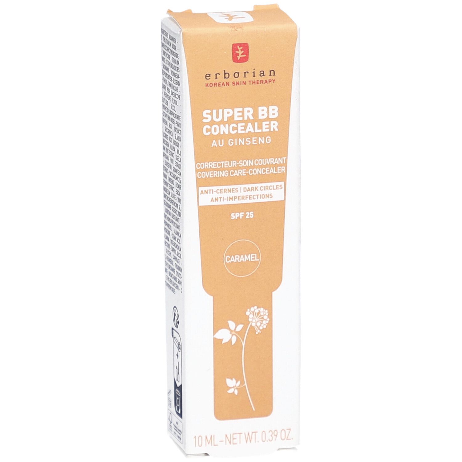 Erborian Super BB Concealer au Ginseng Verpackung. Vorderseite mit Produktnamen, SPF 25 und Farbton "Caramel".