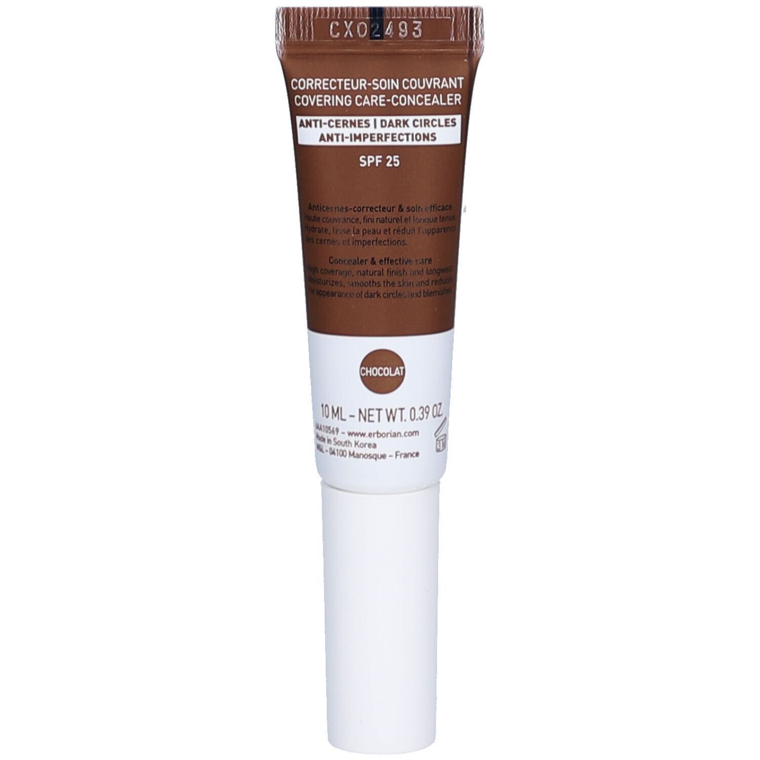 Rückseite der Tube. Produktinformationen, darunter 'Chocolat' und SPF 25. Weißer Schraubverschluss.