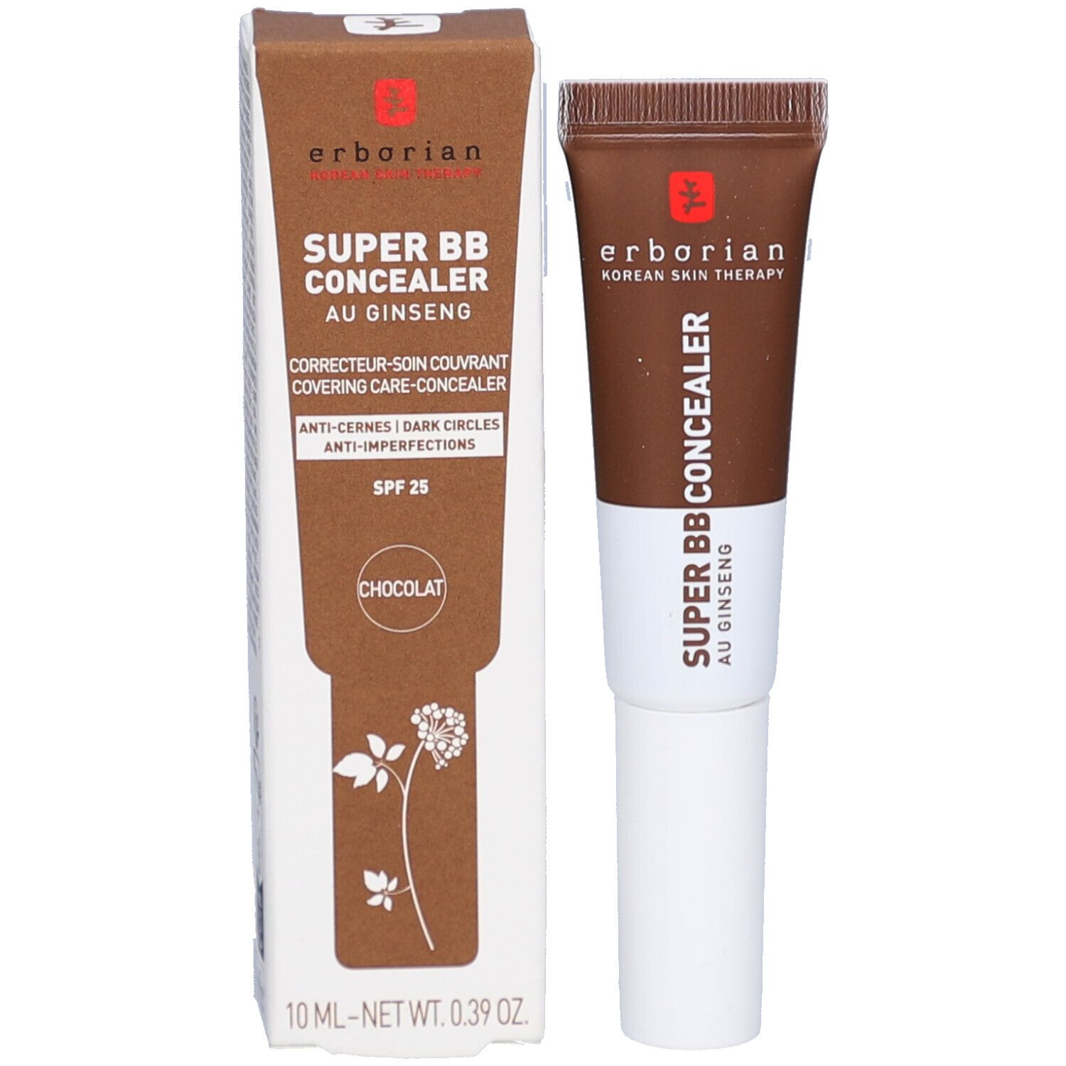 Produkt und Verpackung. Erborian Super BB Concealer, 'Chocolat'. Tube und Schachtel nebeneinander. SPF 25.