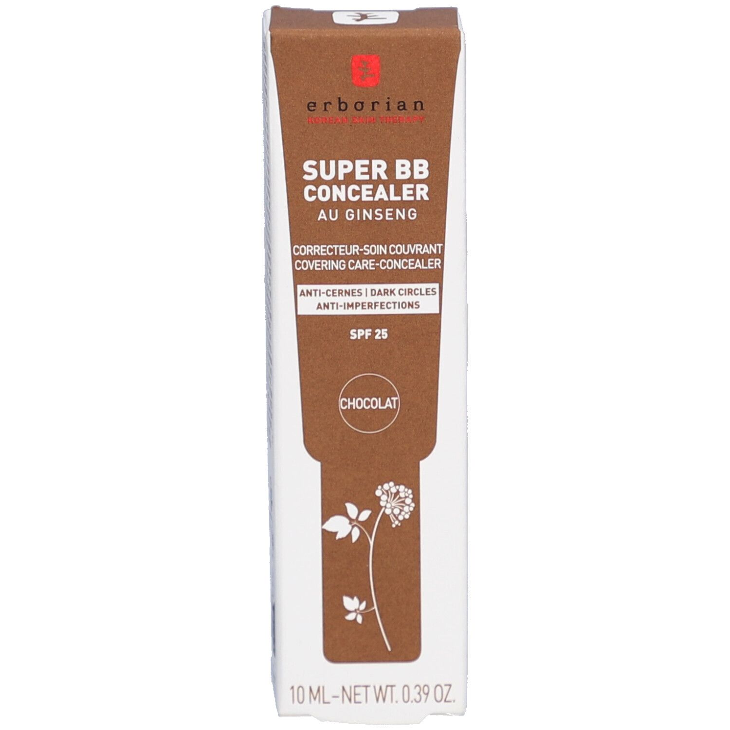 Verpackung von Erborian Super BB Concealer. 'Chocolat' und SPF 25 sind deutlich sichtbar. Braune Schachtel.