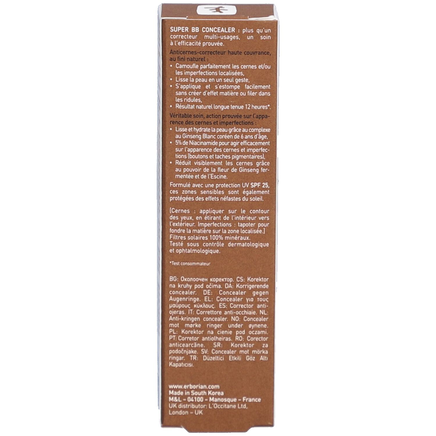 Rückseite der Verpackung. Produktbeschreibung, einschließlich SPF 25. Braune Schachtel.