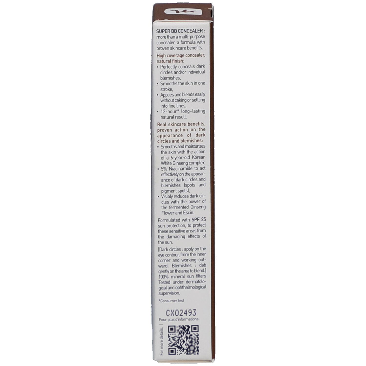 Seite der Verpackung. Produktbeschreibung, einschließlich SPF 25. Braune Schachtel.