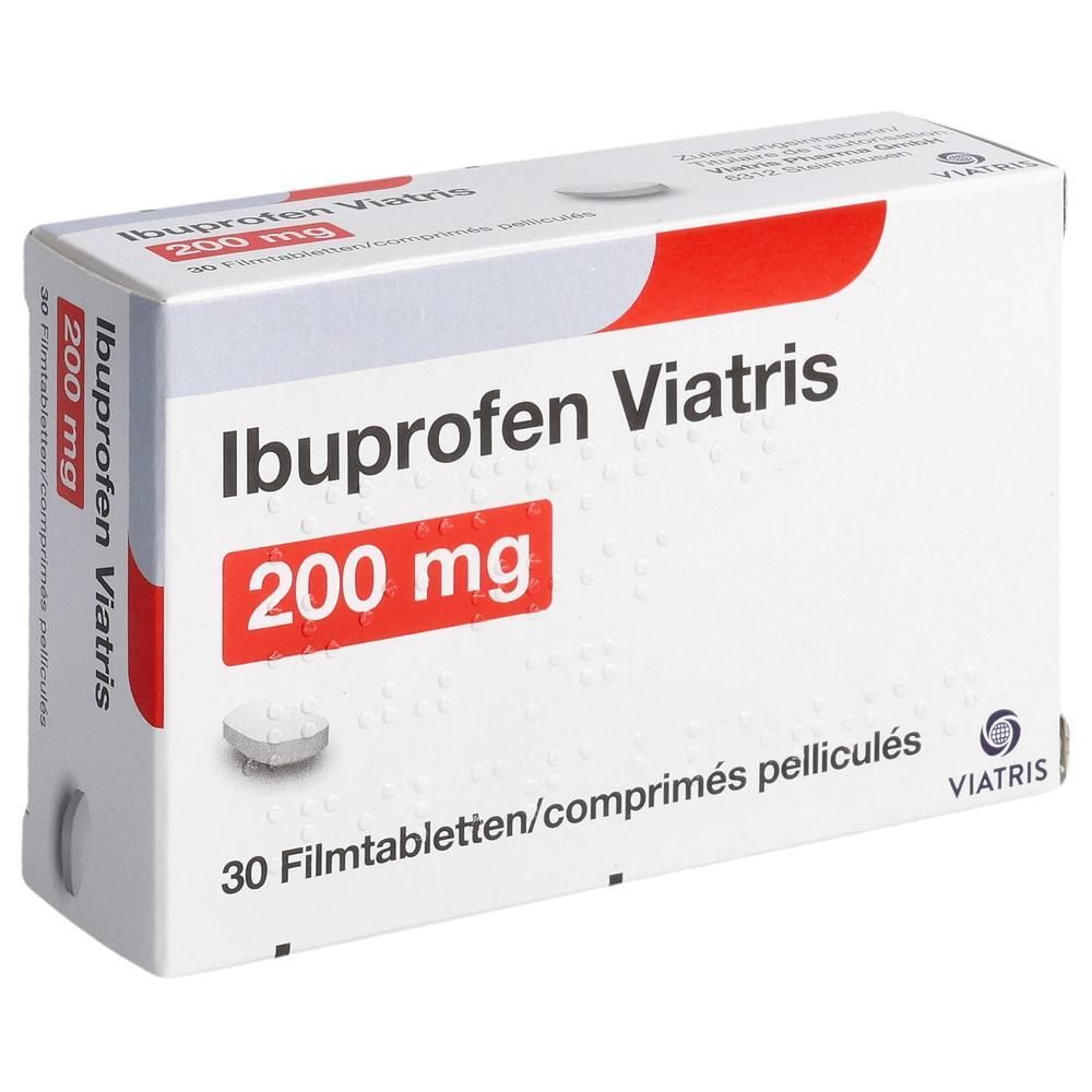 Schachtel mit Ibuprofen Viatris 200 mg Filmtabletten. Rote Schrift auf weißem Grund. Enthält 30 Tabletten. Viatris Logo.
