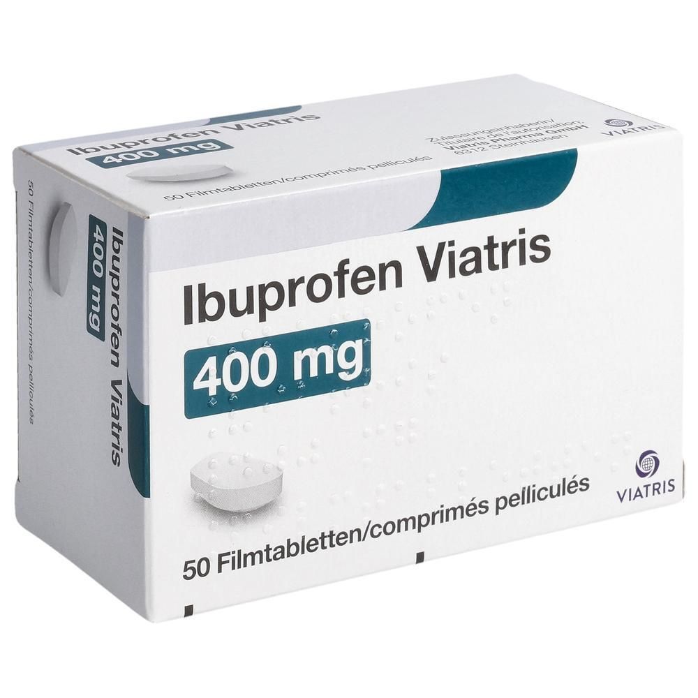 Schachtel mit Ibuprofen Viatris 400 mg Filmtabletten. Aufschrift: 50 Filmtabletten. Eine Tablette ist sichtbar.