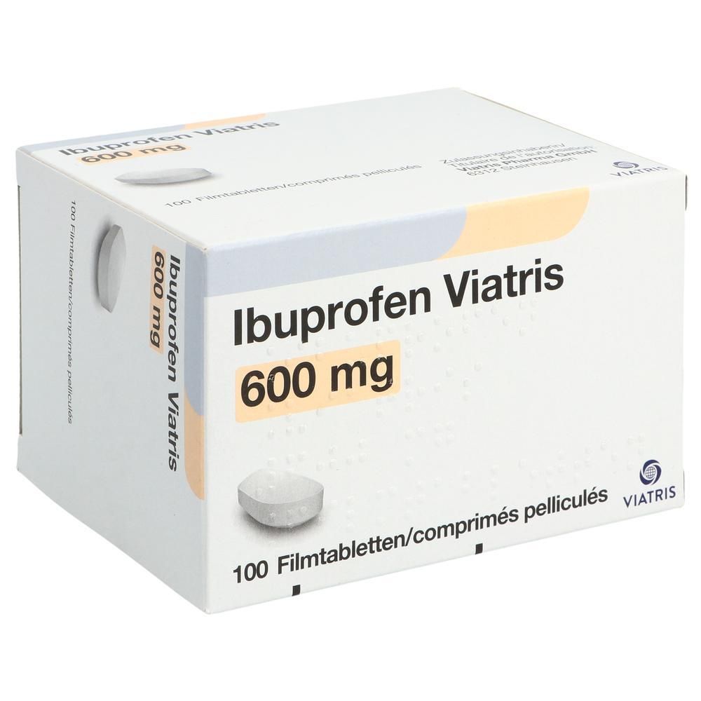 Weißer Karton mit Aufschrift Ibuprofen Viatris 600 mg. Eine Tablette ist abgebildet. 100 Filmtabletten.