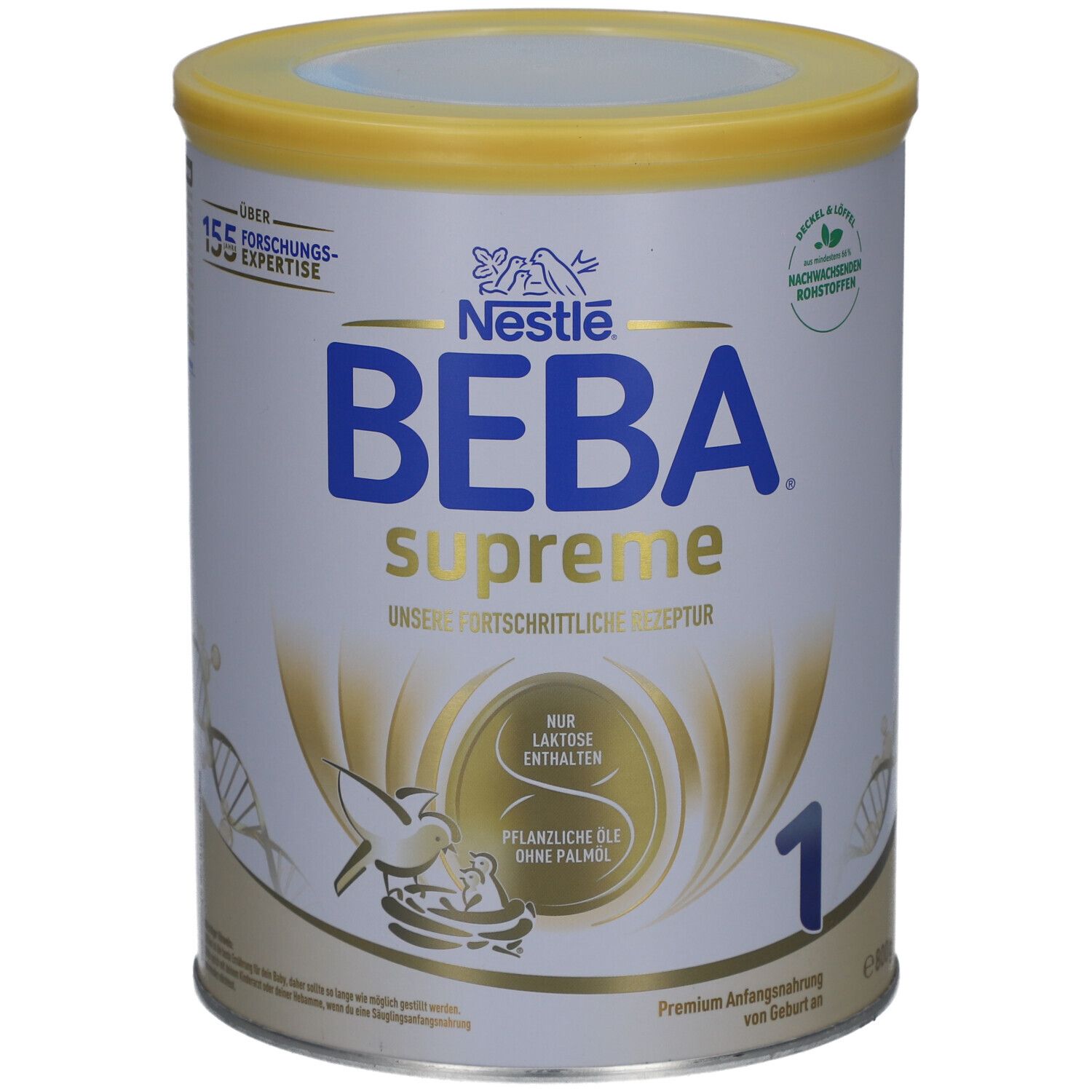 Boîte BEBA Supreme 1. Couvercle jaune, texte bleu et blanc. Contient uniquement du lactose, sans huile de palme. 155+ experts.