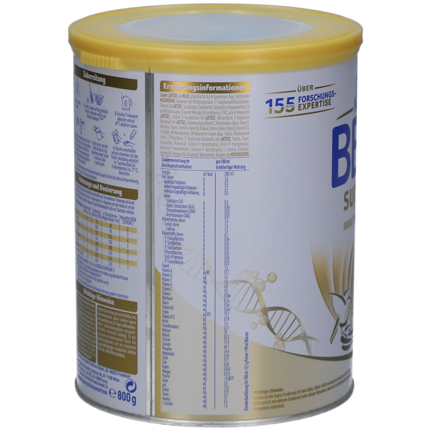 Boîte BEBA Supreme 1. Dos avec informations nutritionnelles et instructions de préparation. Code EAN et poids 800g.