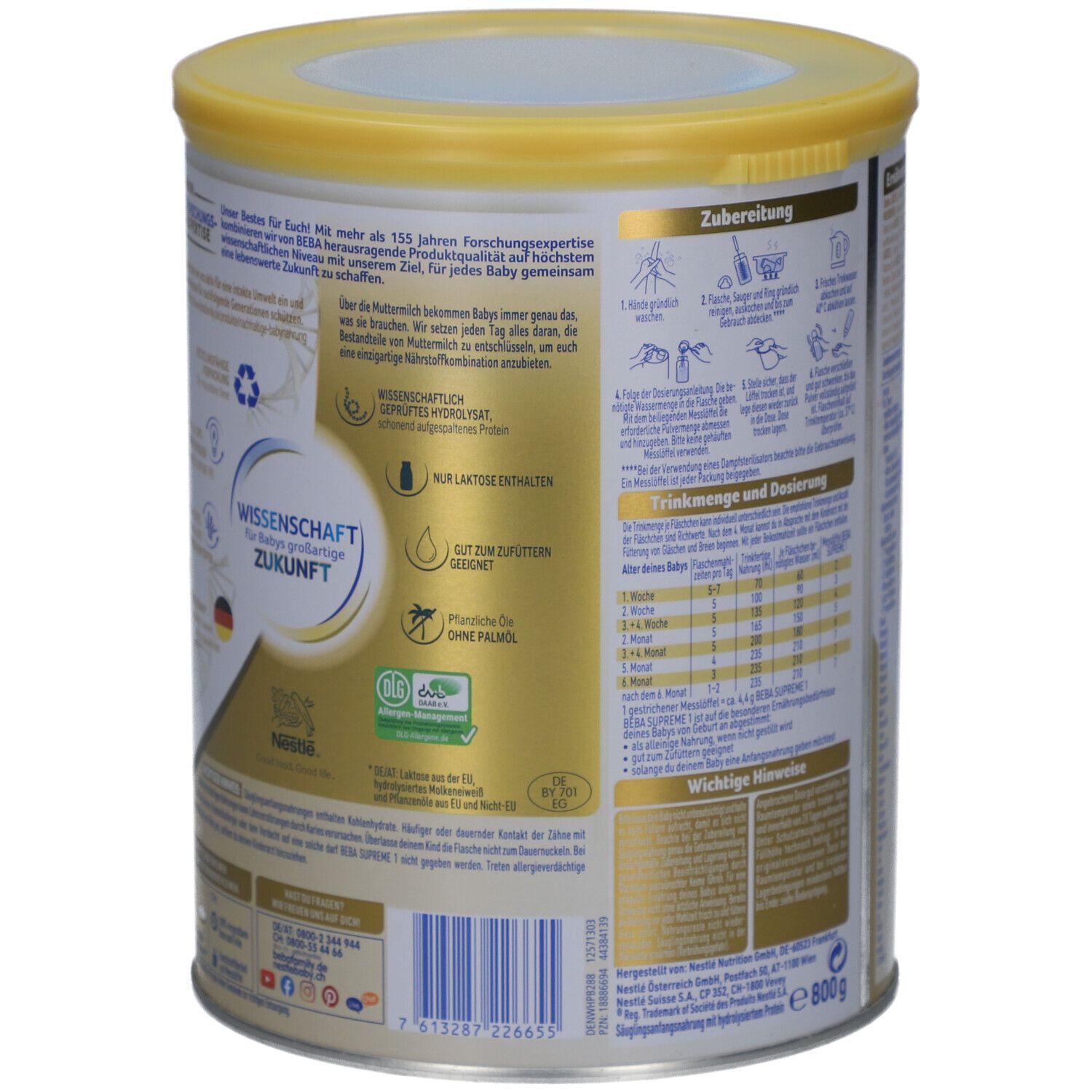 Boîte BEBA Supreme 1. Arrière avec informations, avenir scientifique. Seulement lactose, sans huile de palme. 800g.