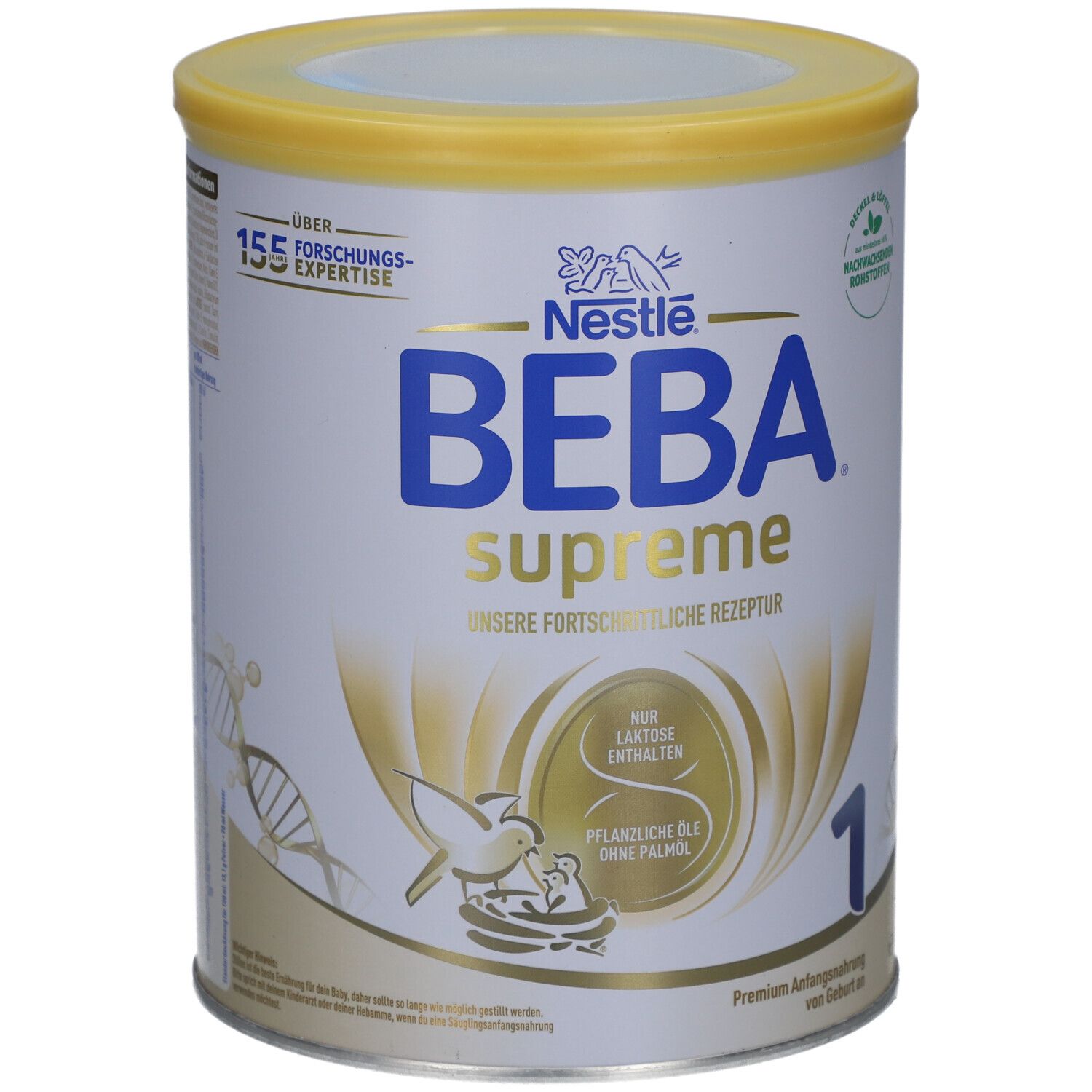 Boîte BEBA Supreme 1. Couvercle jaune, texte bleu et blanc. Contient uniquement du lactose, sans huile de palme. 155+ experts.
