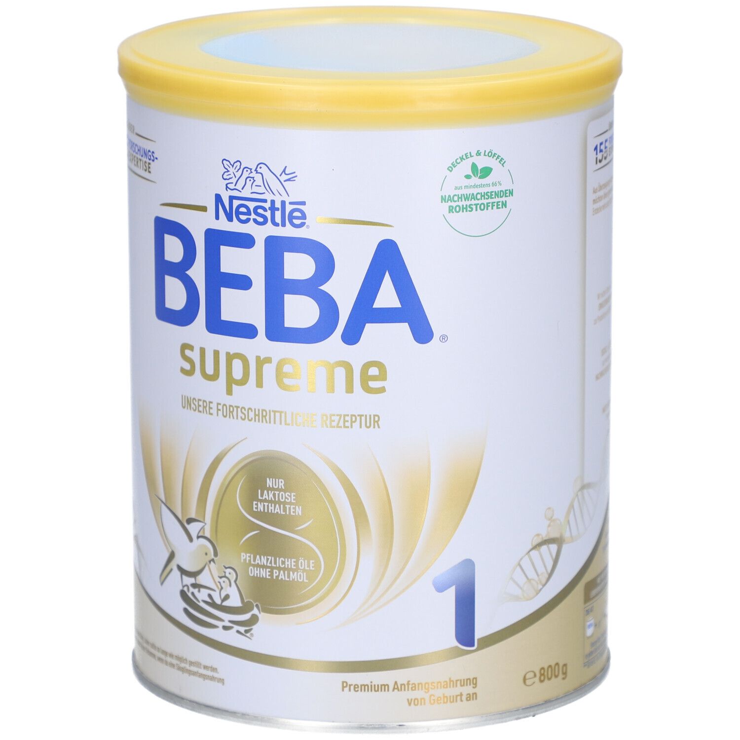 Boîte BEBA Supreme 1. Couvercle jaune, texte bleu et blanc. Contient uniquement du lactose, sans huile de palme. 155+ experts.
