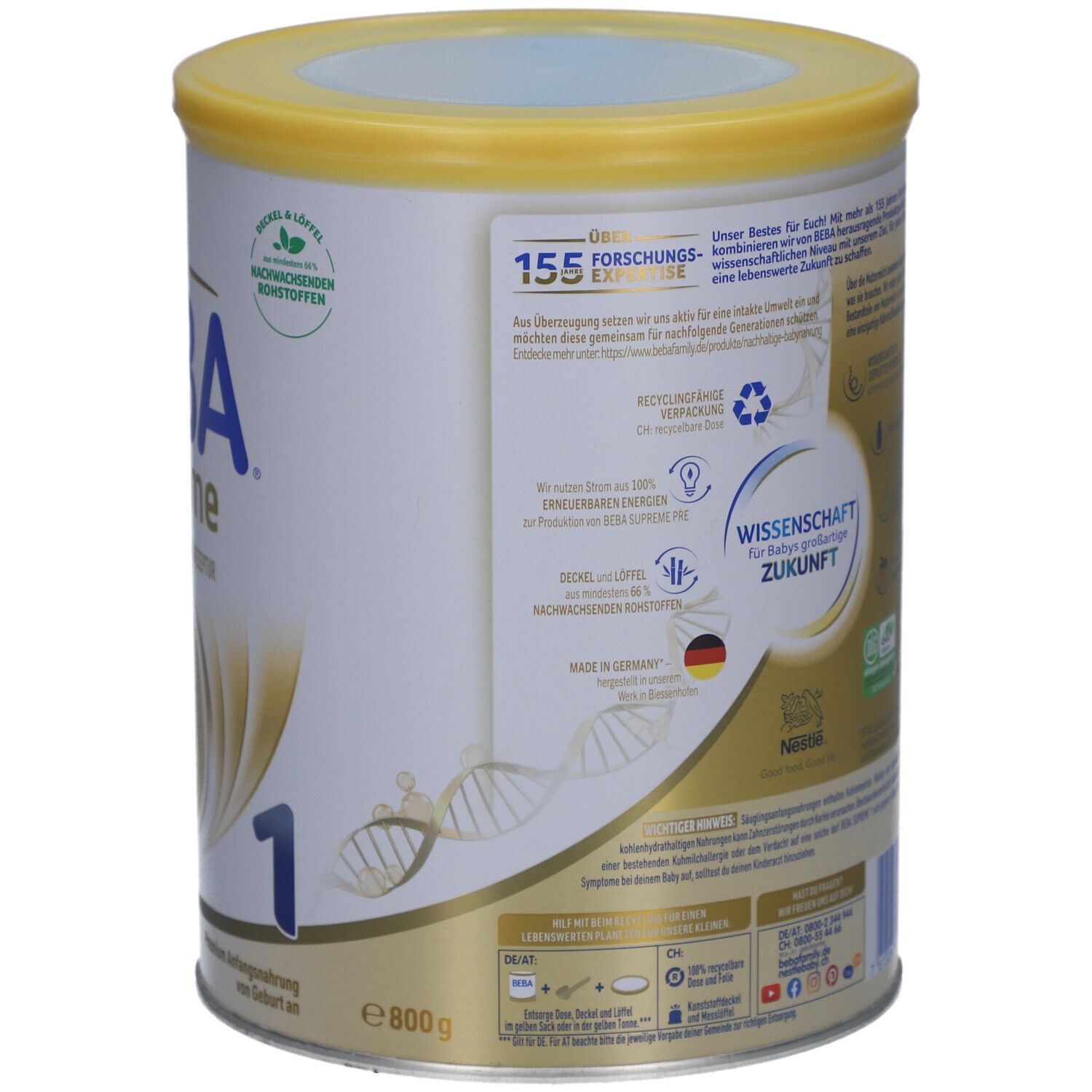 Boîte BEBA Supreme 1. Arrière avec informations, avenir scientifique. Seulement lactose, sans huile de palme. 800g.