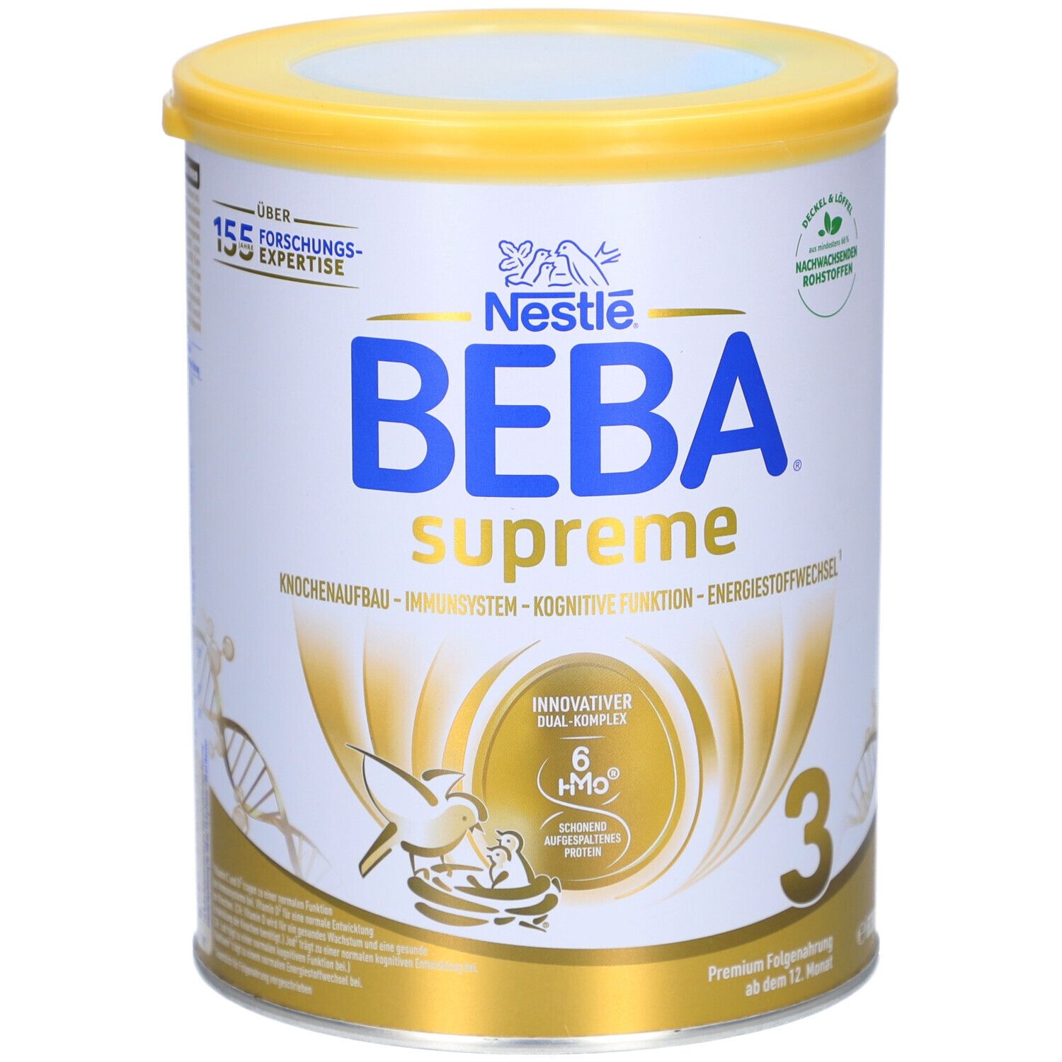 Boîte de BEBA Supreme 3. Couvercle jaune, boîte blanche avec informations et logo. Contient 830g.