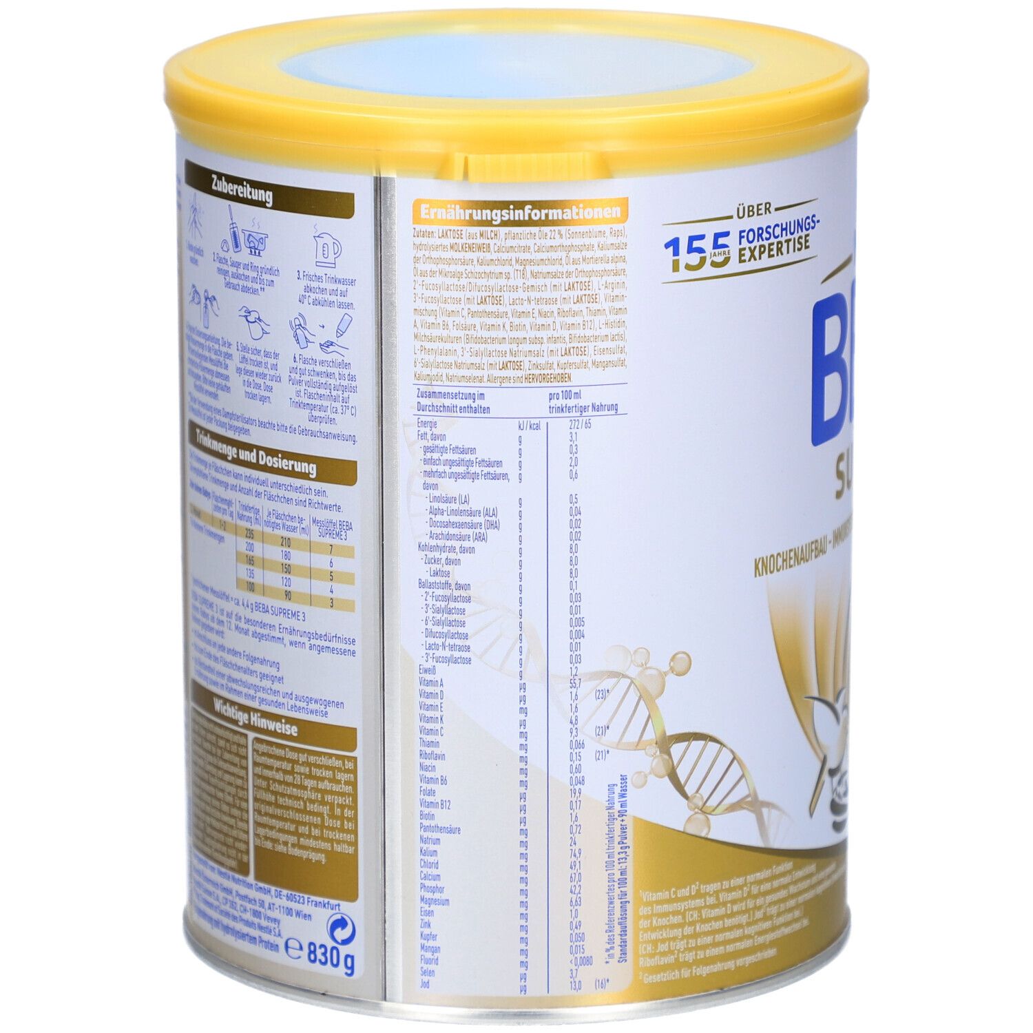 Dos de la boîte BEBA Supreme 3. Contient informations nutritionnelles et instructions. 830g.