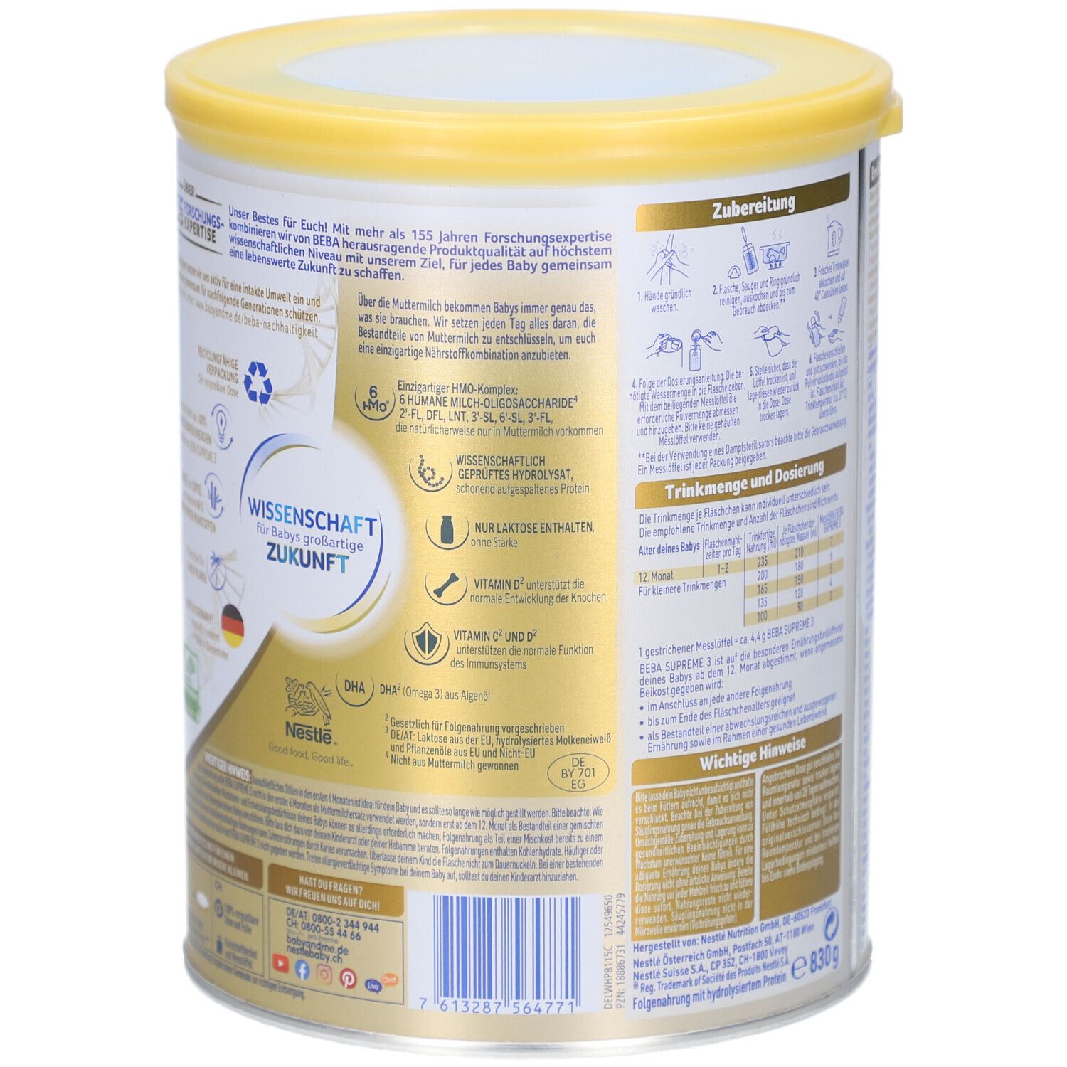 Dos de la boîte BEBA Supreme 3. Contient informations sur la préparation et les ingrédients. 830g.