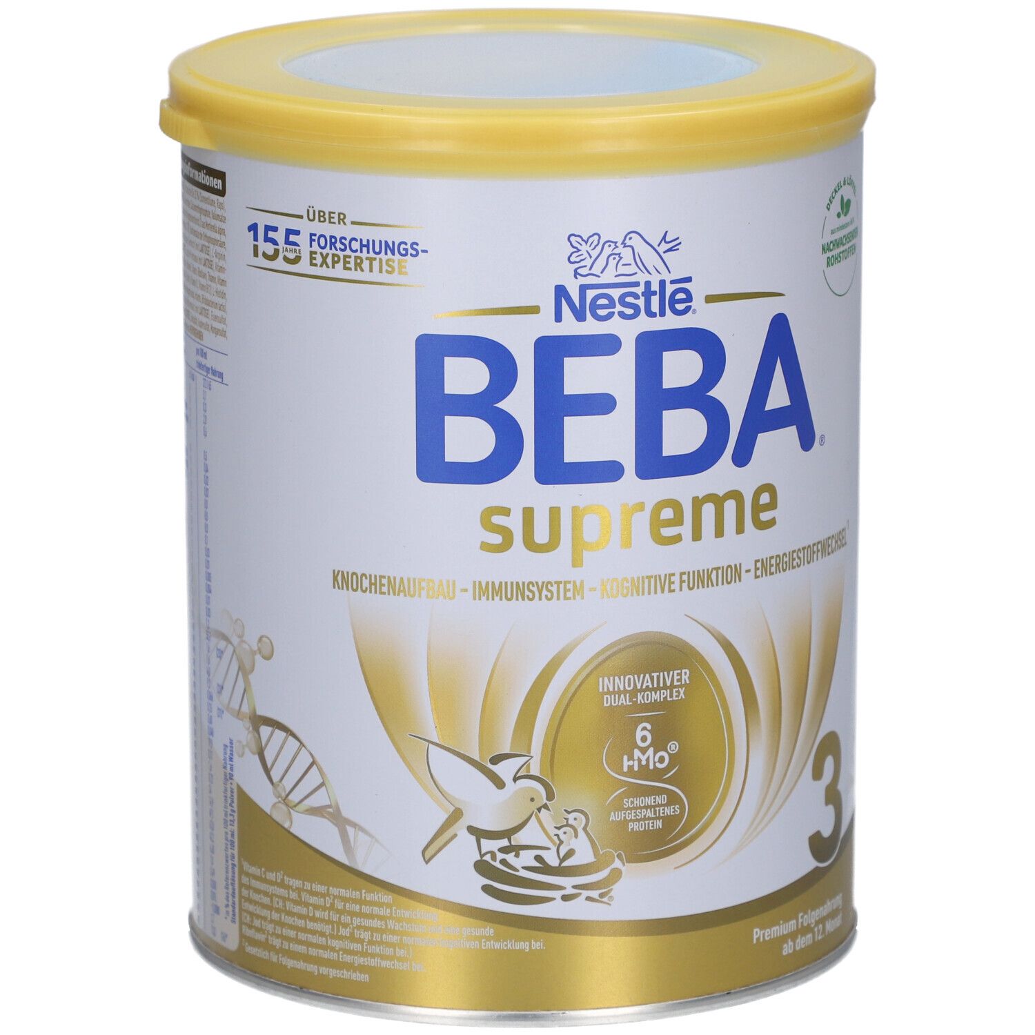 Boîte de BEBA Supreme 3. Couvercle jaune, boîte blanche avec informations et logo. Contient 830g.