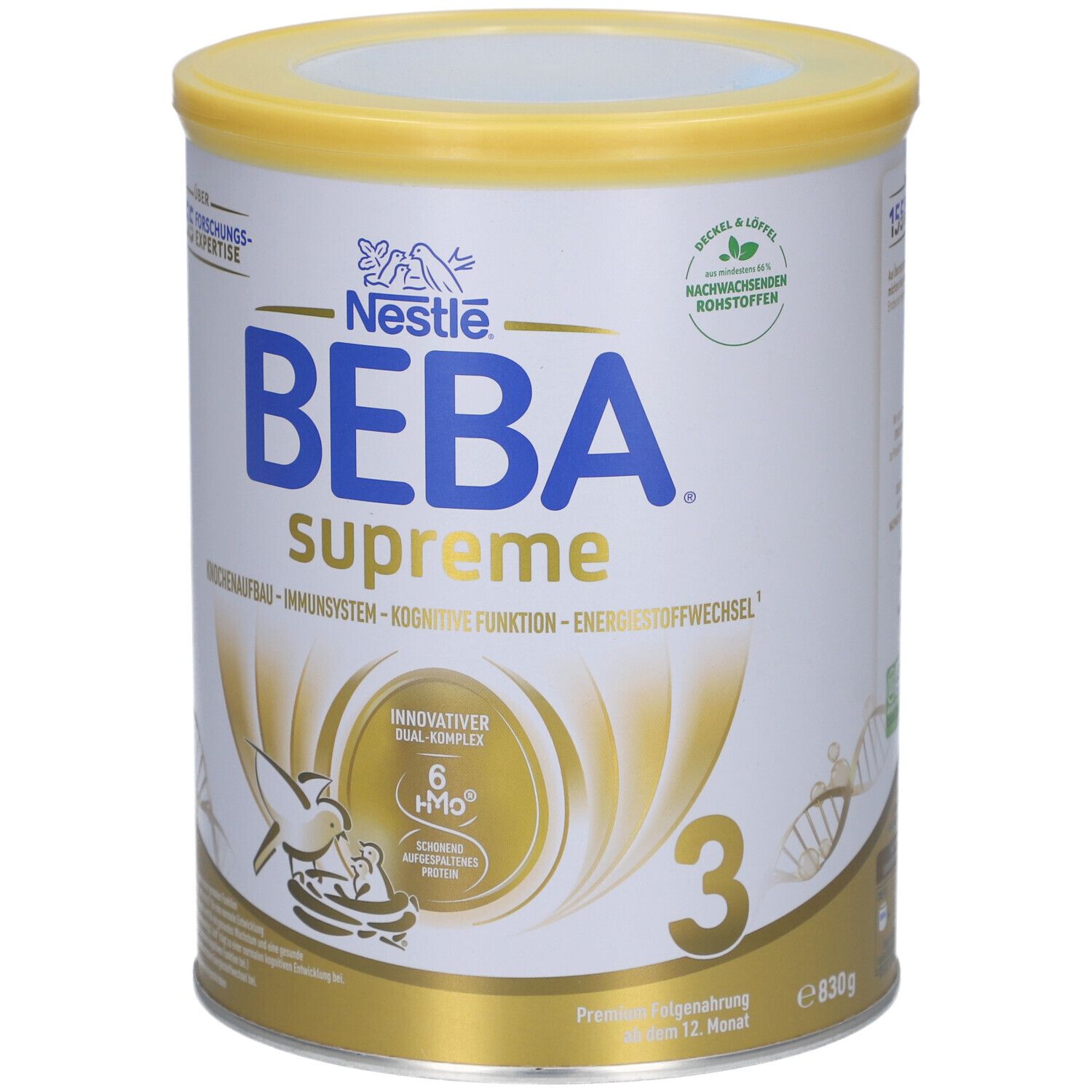 Boîte de BEBA Supreme 3. Couvercle jaune, boîte blanche avec informations et logo. Contient 830g.