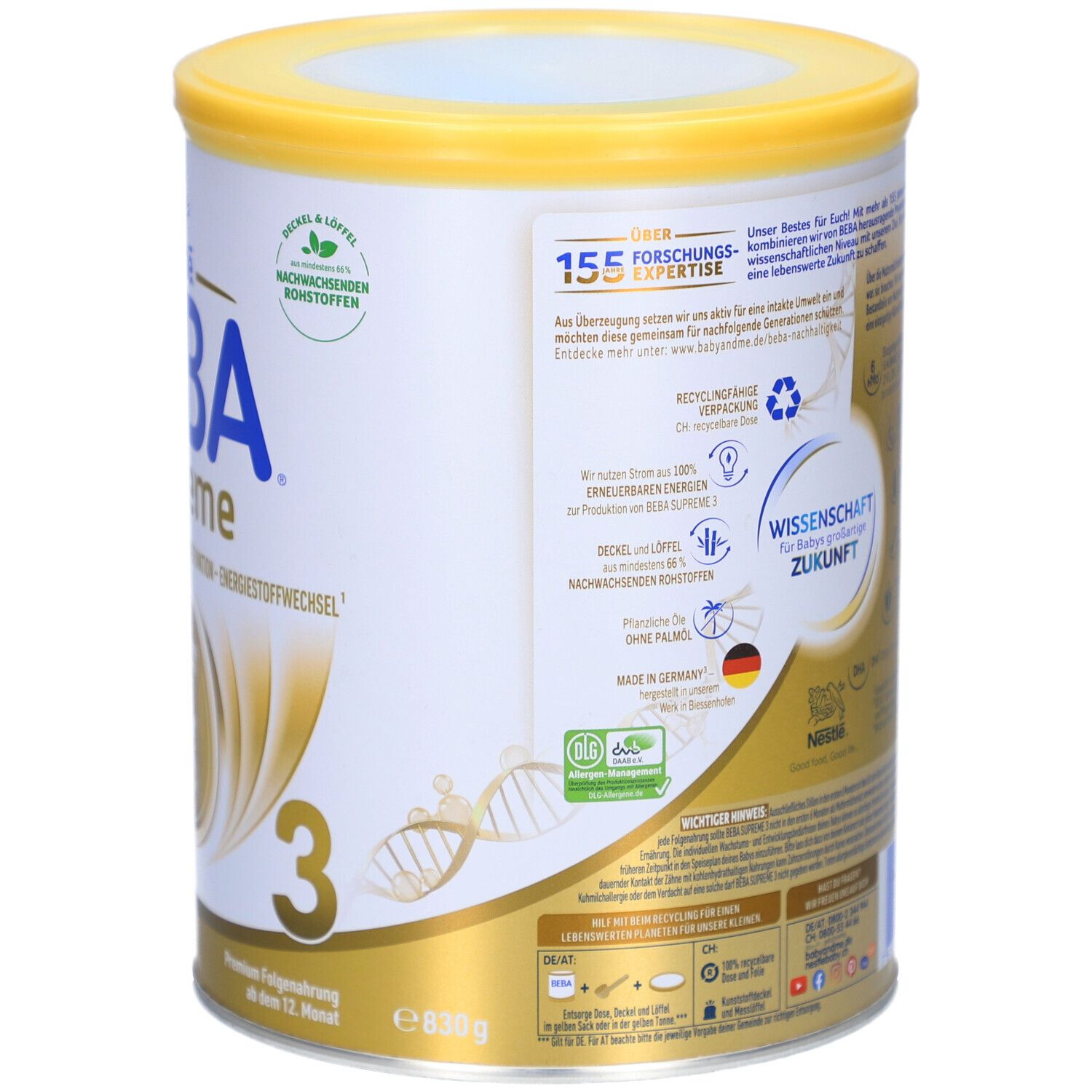 Dos de la boîte BEBA Supreme 3. Contient informations sur les ingrédients et la durabilité. 830g.
