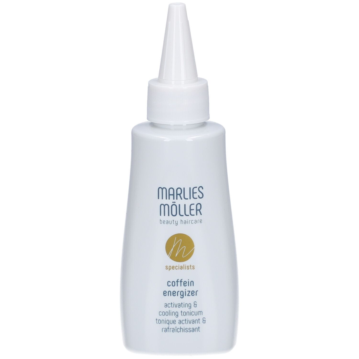 Weiße Flasche mit spitzem Applikator. Aufschrift: Marlies Möller, Coffein Energizer. Rückseite mit Text.