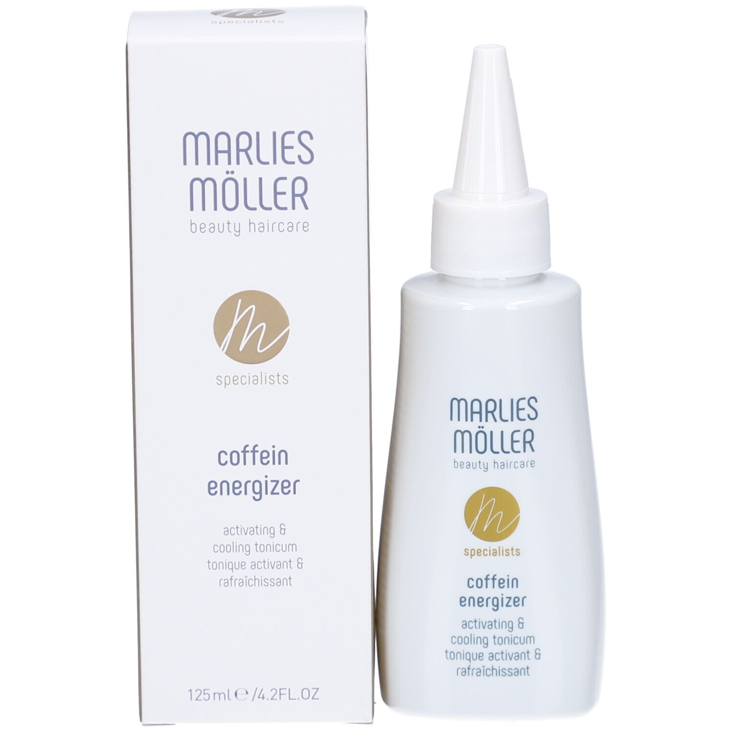 Produkt mit Verpackung. Weiße Flasche und Schachtel. Aufschrift: Marlies Möller, Coffein Energizer.