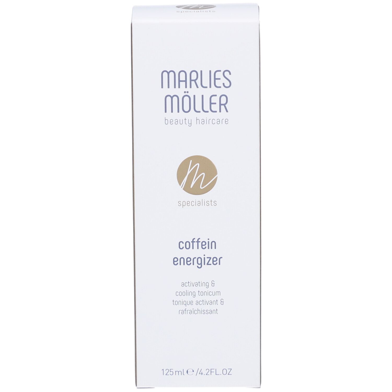 Weiße Schachtel. Aufschrift: Marlies Möller, Coffein Energizer. 125ml/4.2FL.OZ.