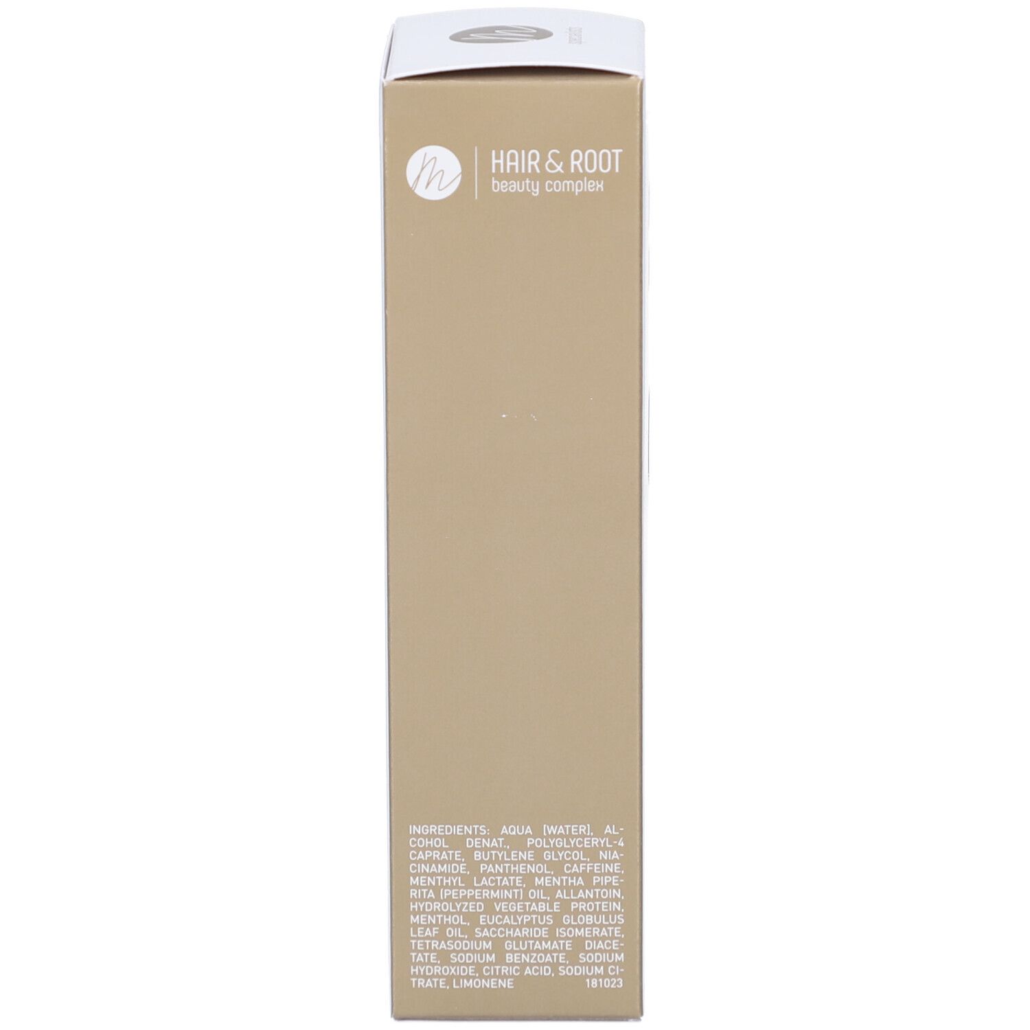 Schachtel-Rückseite. Aufschrift: HAIR & ROOT beauty complex. Inhaltsstoffe und Text.