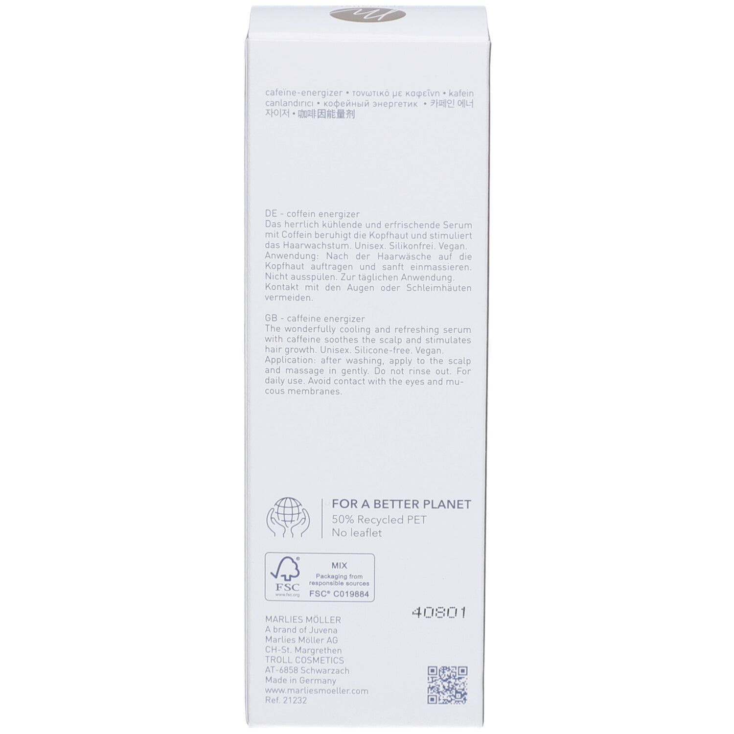 Schachtel-Rückseite mit Text in mehreren Sprachen. Aufschrift: Marlies Möller. FSC-Logo.