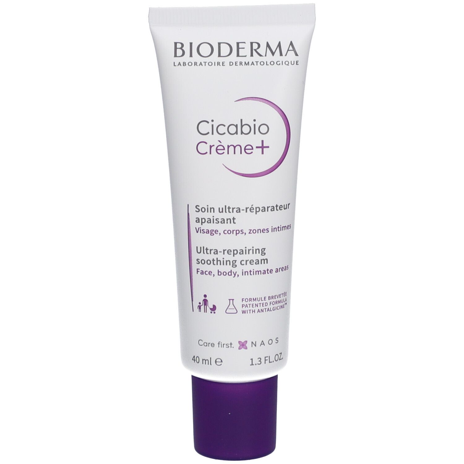Weiße Tube mit lila Verschluss. Aufschrift: BIODERMA, Cicabio Crème+. Ultra-reparierende, beruhigende Creme. 40 ml.