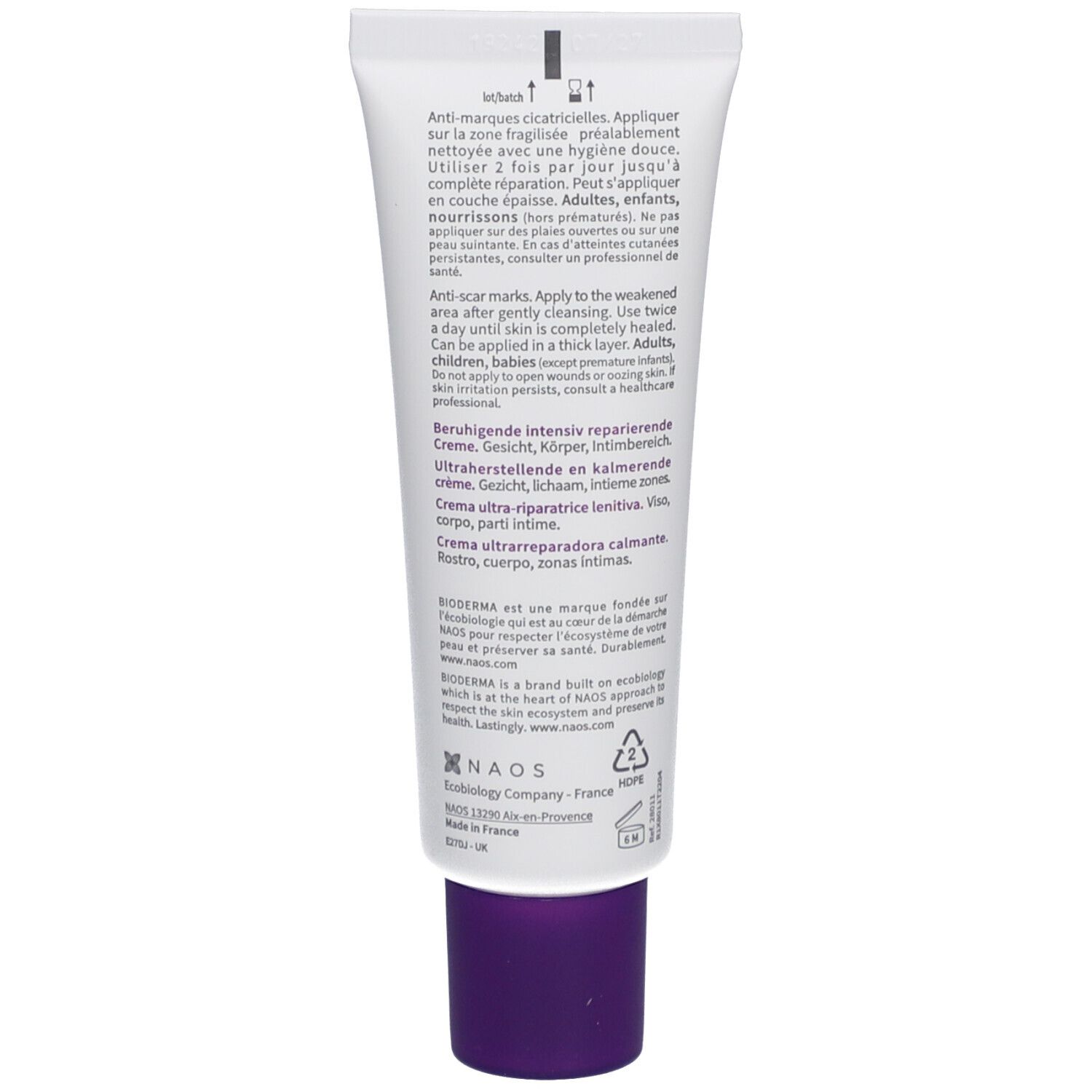 Rückseite der Tube. Text in mehreren Sprachen. Enthält Informationen zur Anwendung und Inhaltsstoffe.