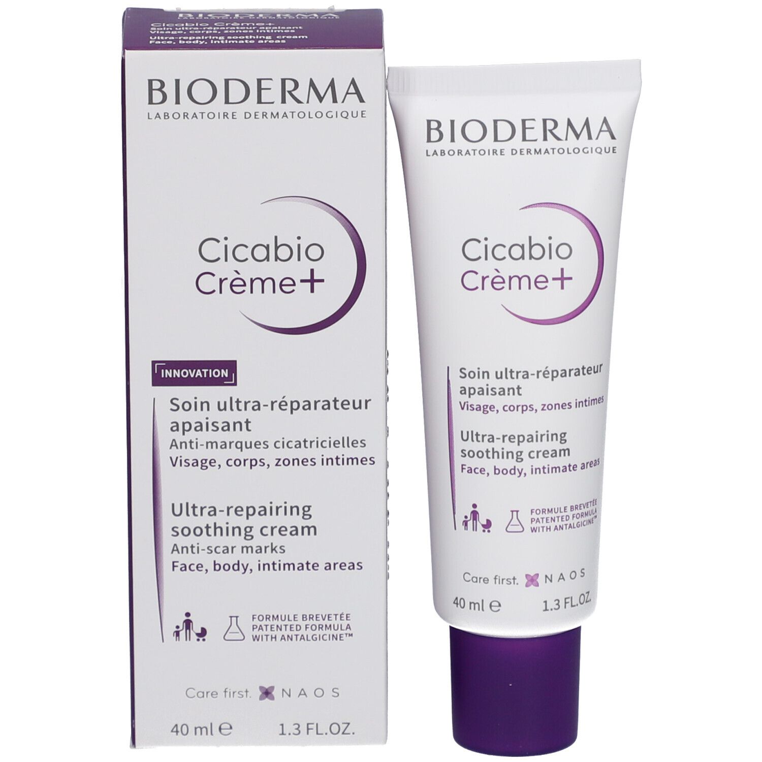 Produktverpackung und Tube. Verpackung: weiß/lila, BIODERMA, Cicabio Crème+. Tube: weiß, lila Verschluss. 40 ml.